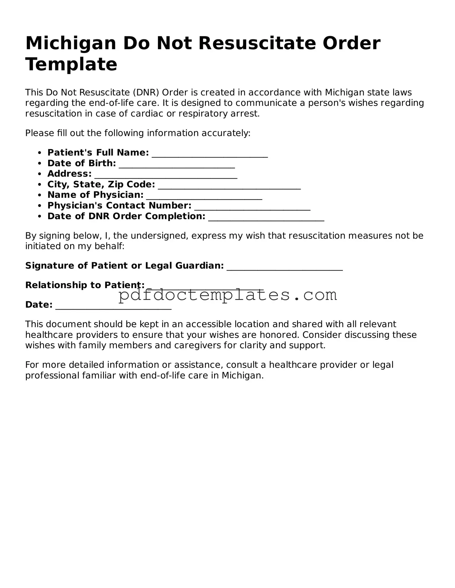 Blank  Do Not Resuscitate Order Document for Michigan