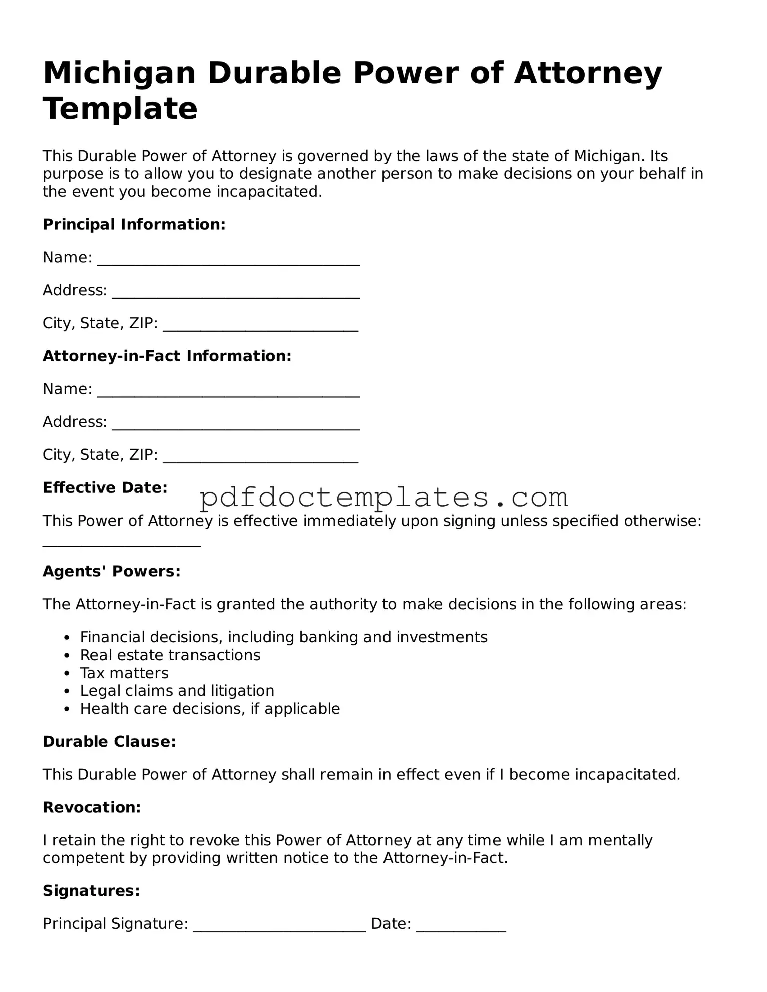 Blank  Durable Power of Attorney Document for Michigan