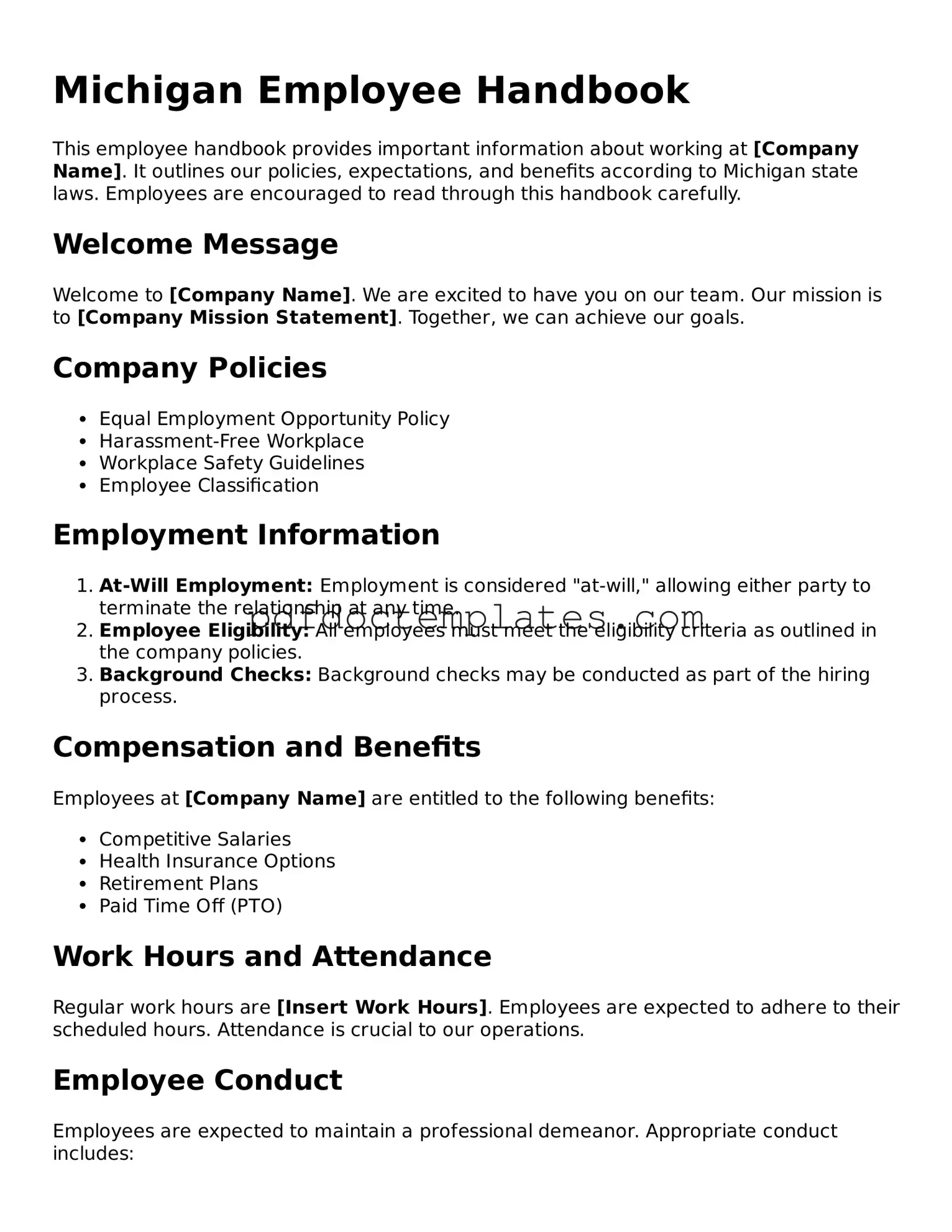 Blank  Employee Handbook Document for Michigan
