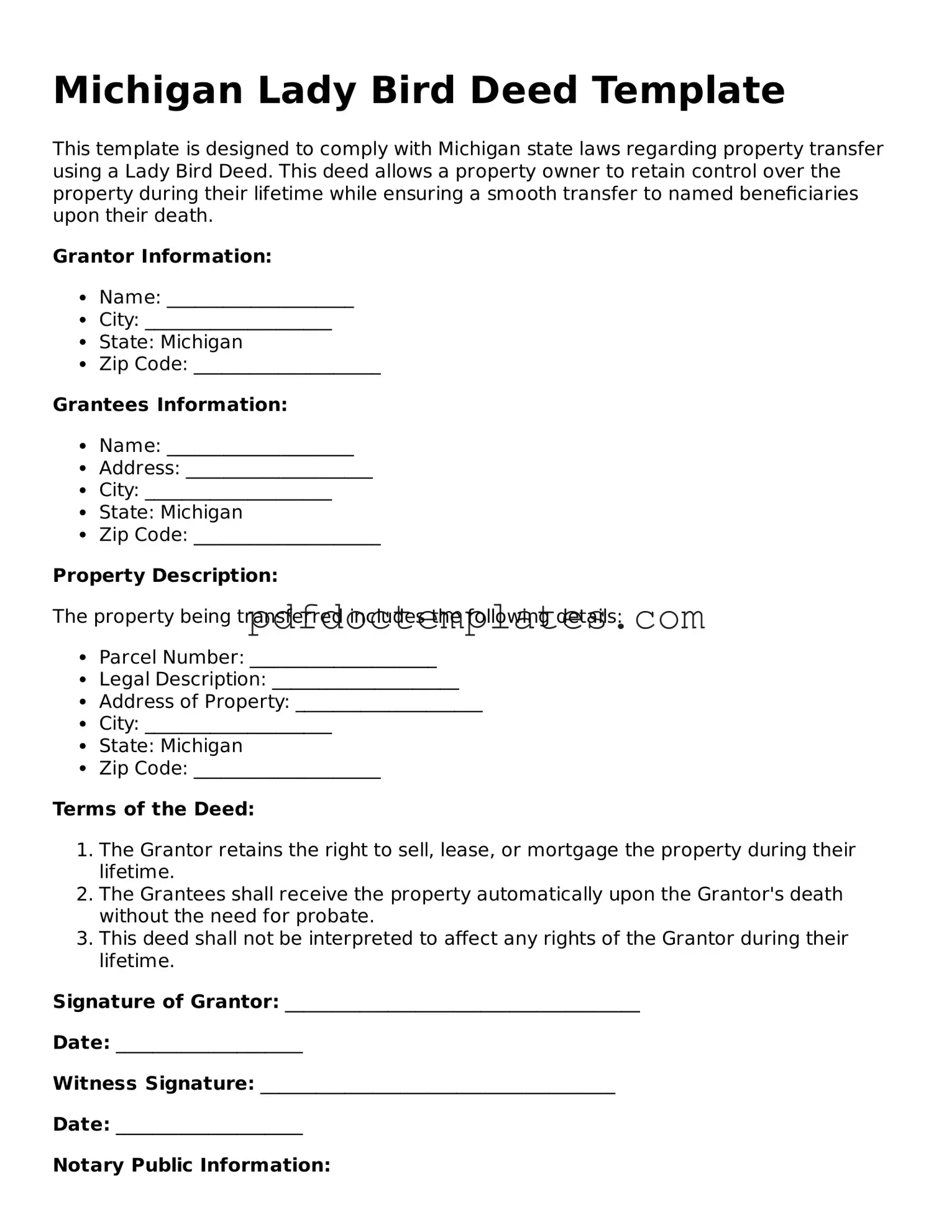 Blank  Lady Bird Deed Document for Michigan