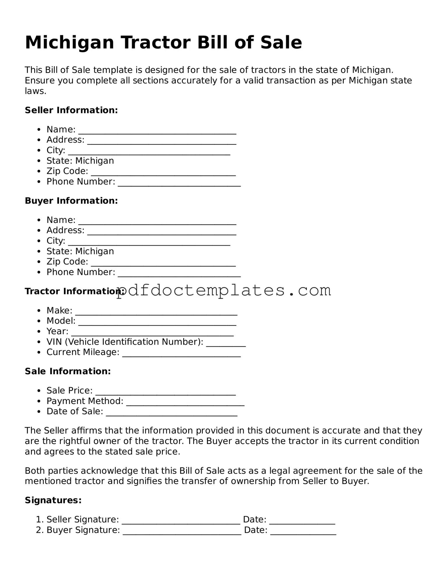 Blank  Tractor Bill of Sale Document for Michigan