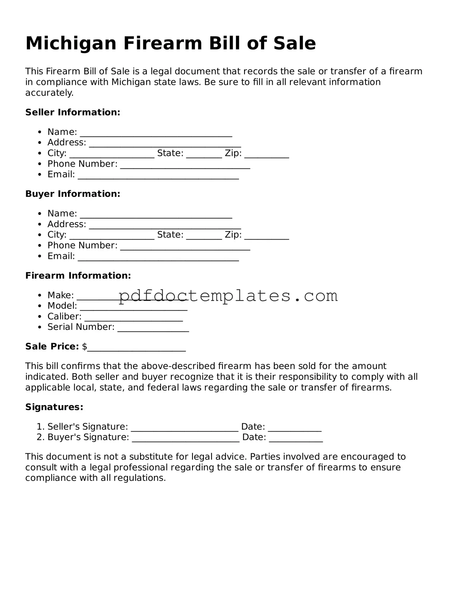 Blank  Firearm Bill of Sale Document for Michigan