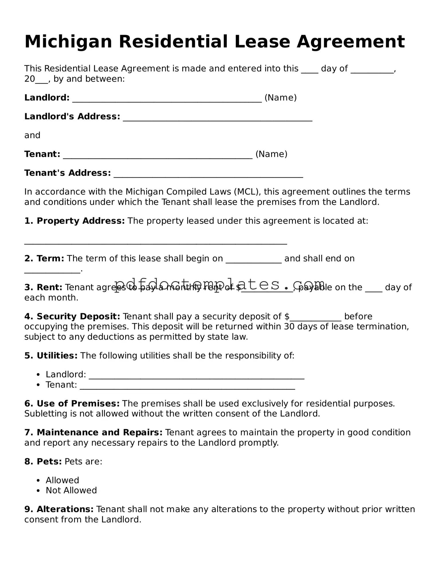 Blank  Residential Lease Agreement Document for Michigan