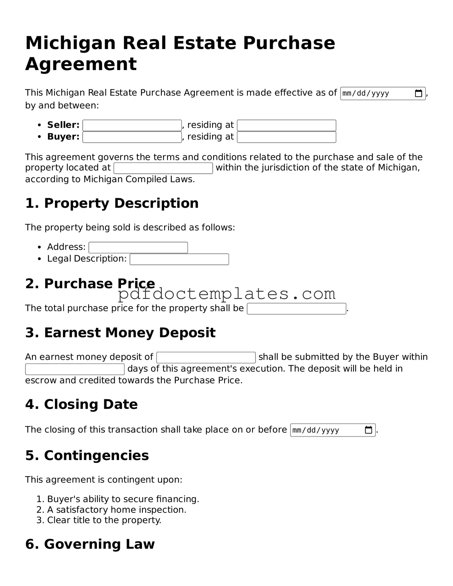 Blank  Real Estate Purchase Agreement Document for Michigan