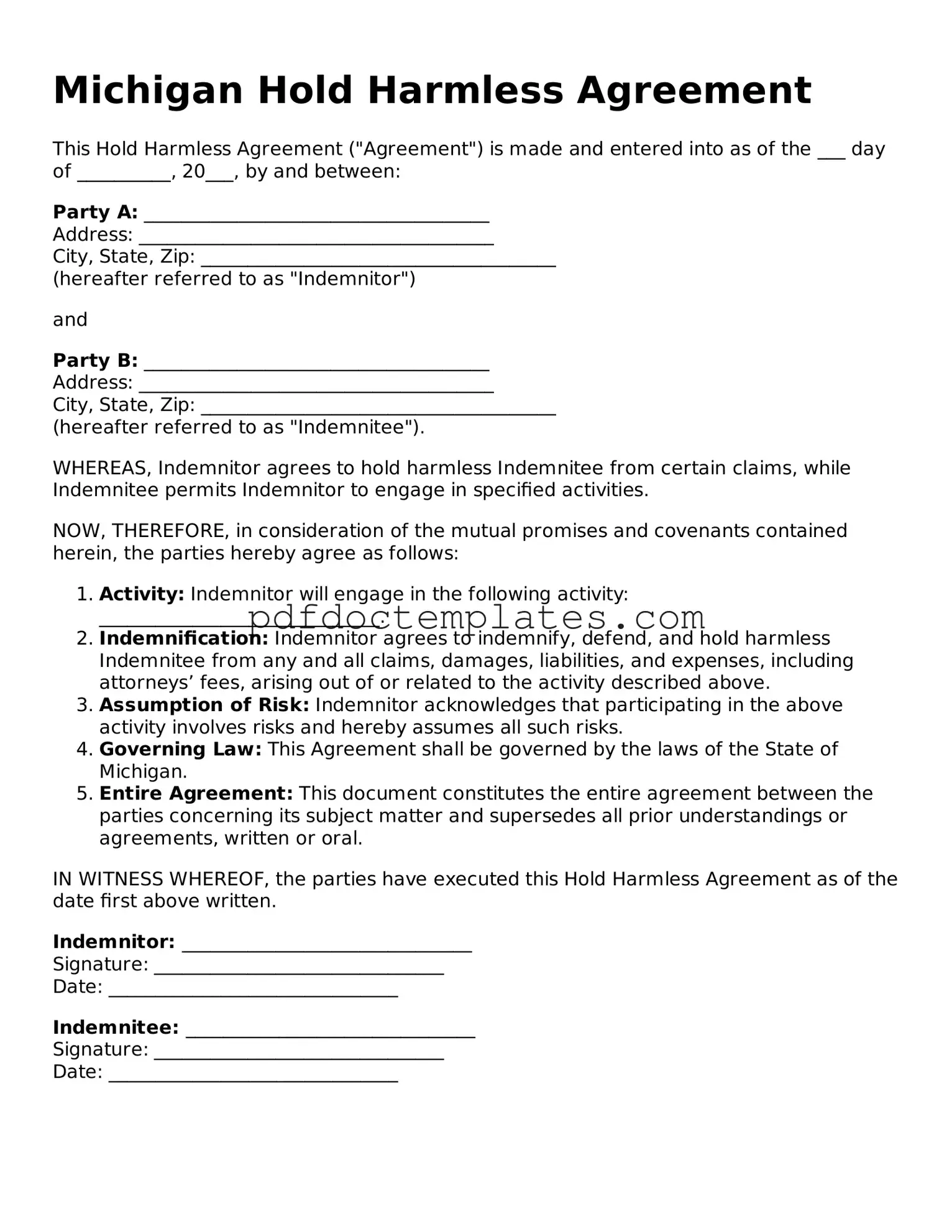 Blank  Hold Harmless Agreement Document for Michigan