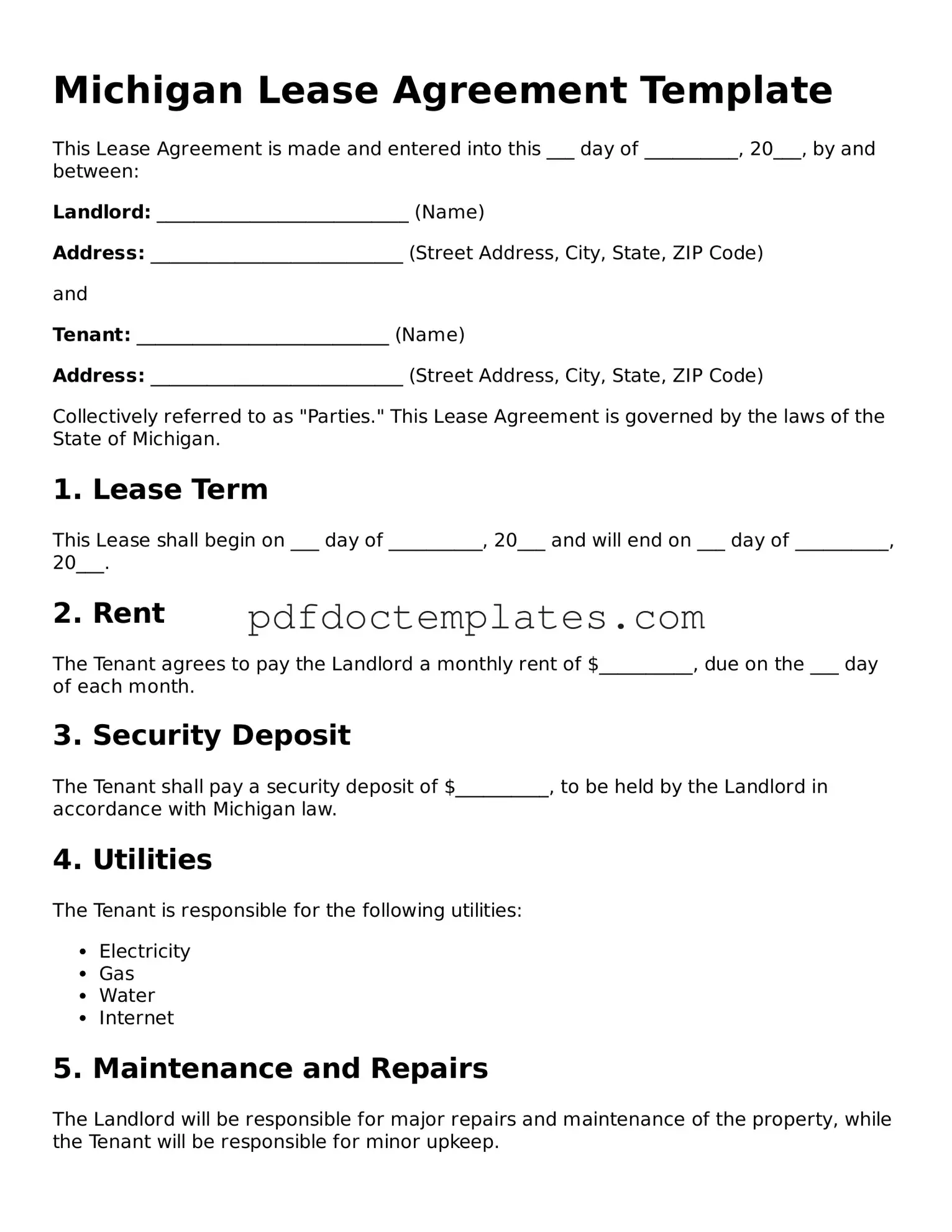 Blank  Lease Agreement Document for Michigan