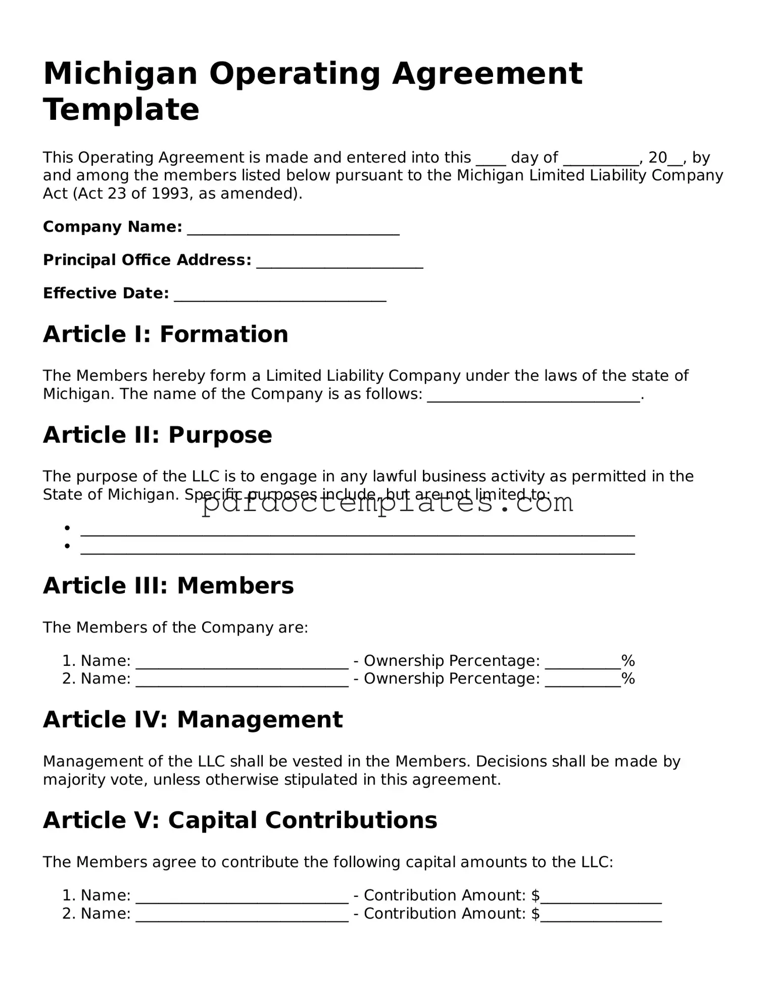 Blank  Operating Agreement Document for Michigan