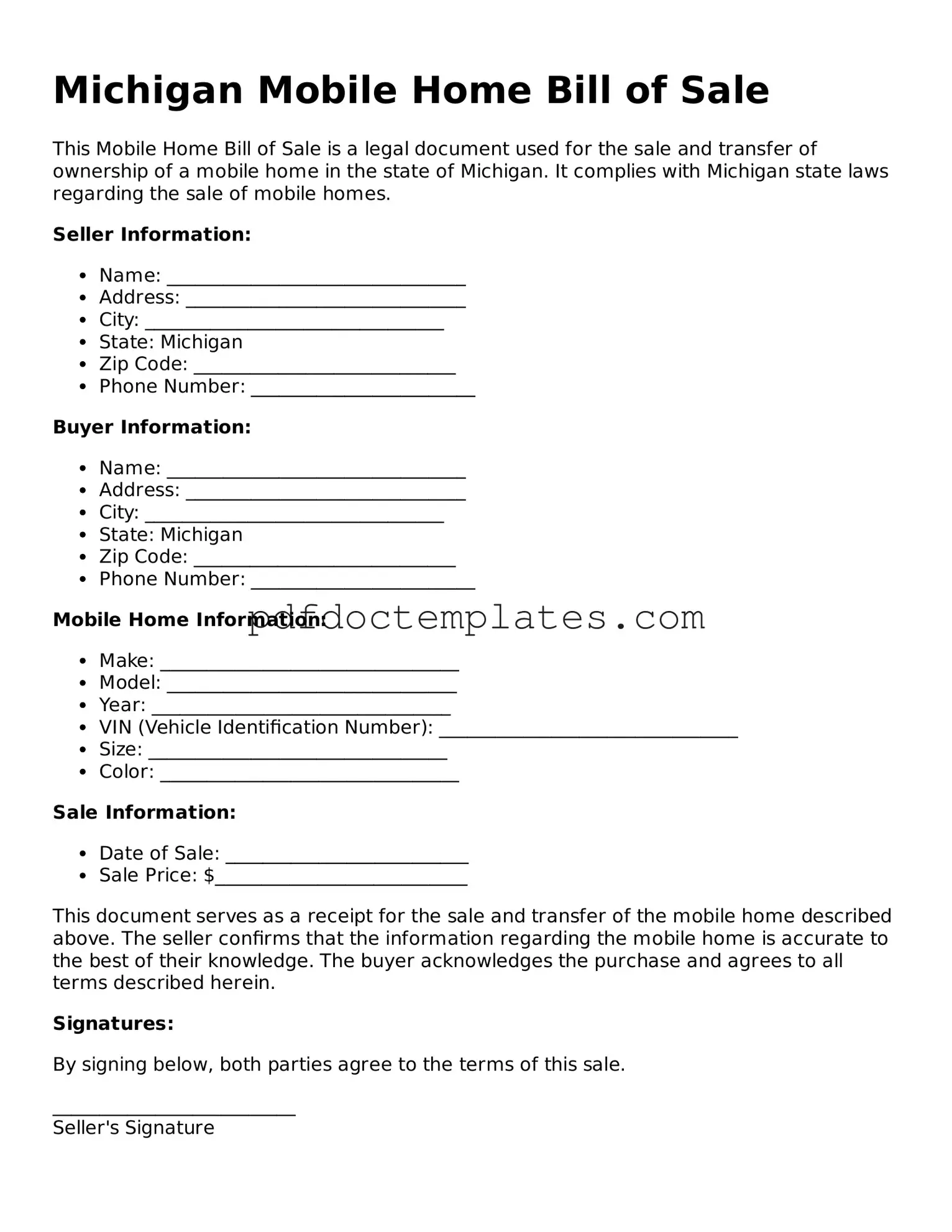 Blank  Mobile Home Bill of Sale Document for Michigan