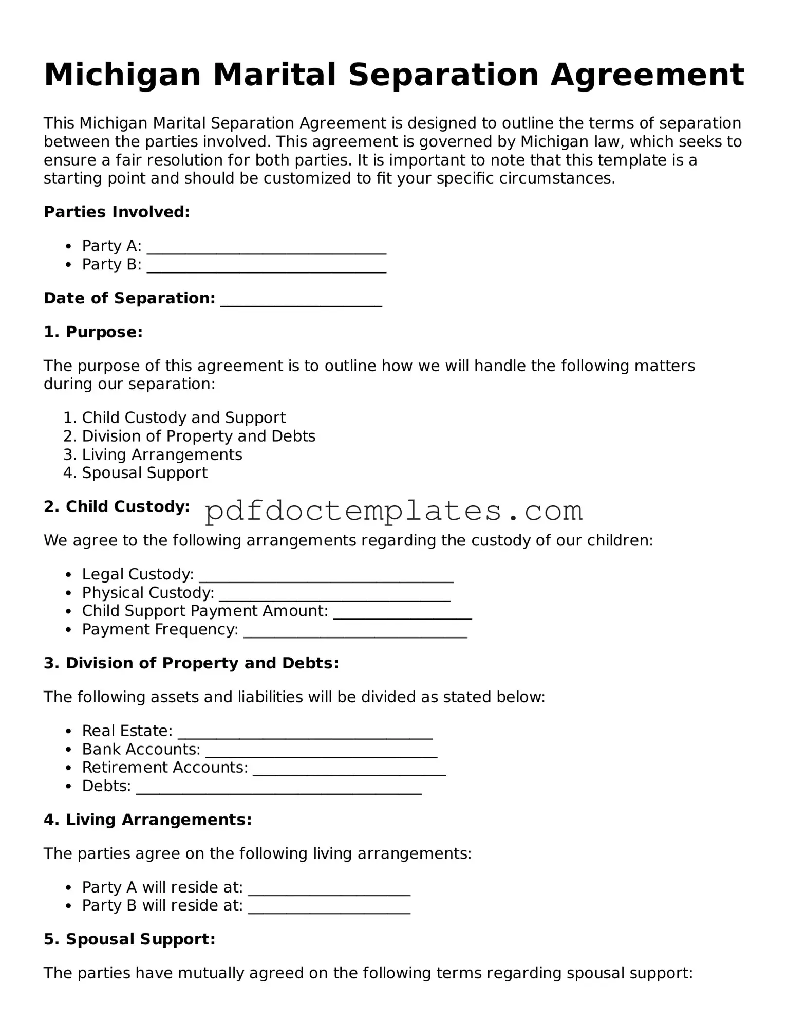 Blank  Marital Separation Agreement Document for Michigan