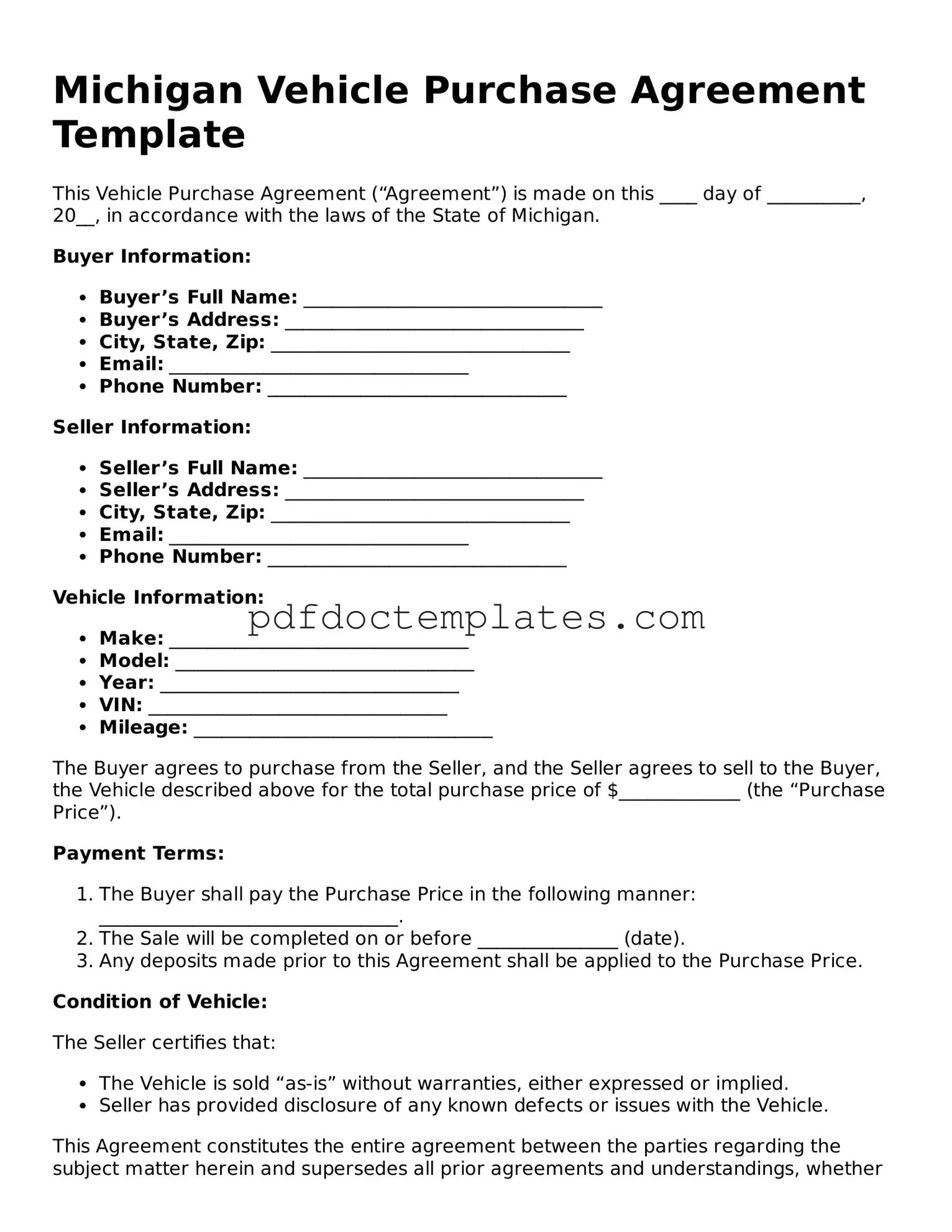 Blank  Vehicle Purchase Agreement Document for Michigan