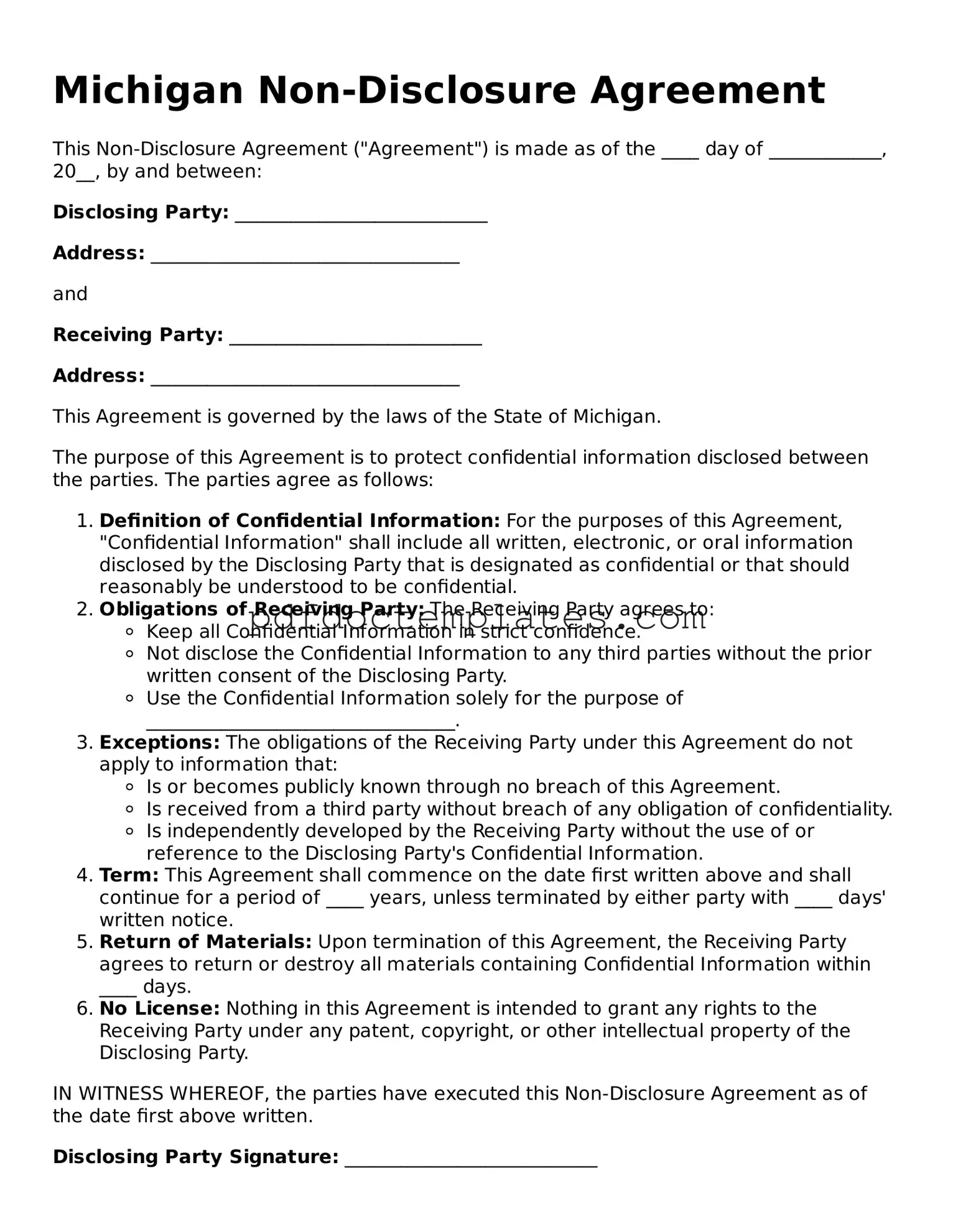 Blank  Non-disclosure Agreement Document for Michigan