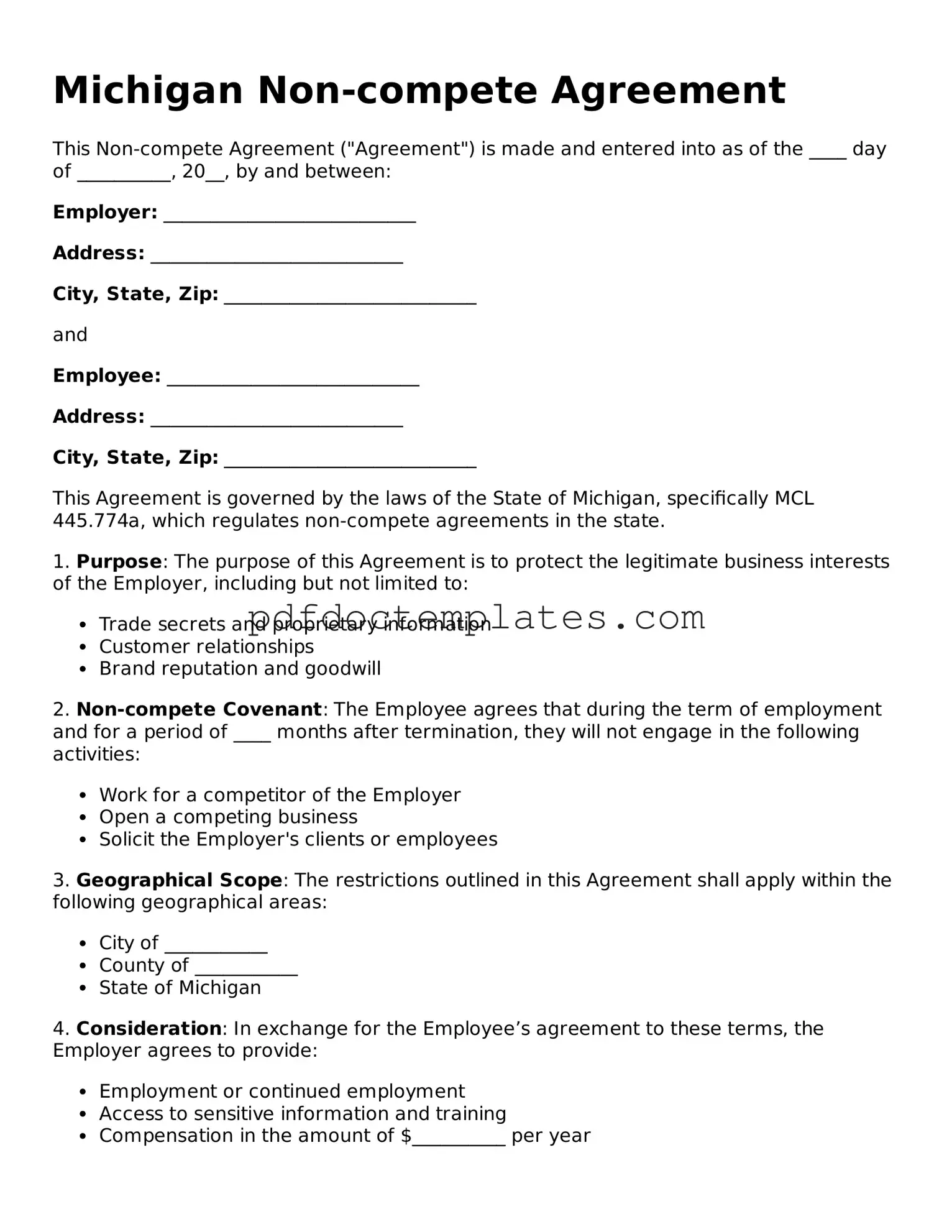Blank  Non-compete Agreement Document for Michigan