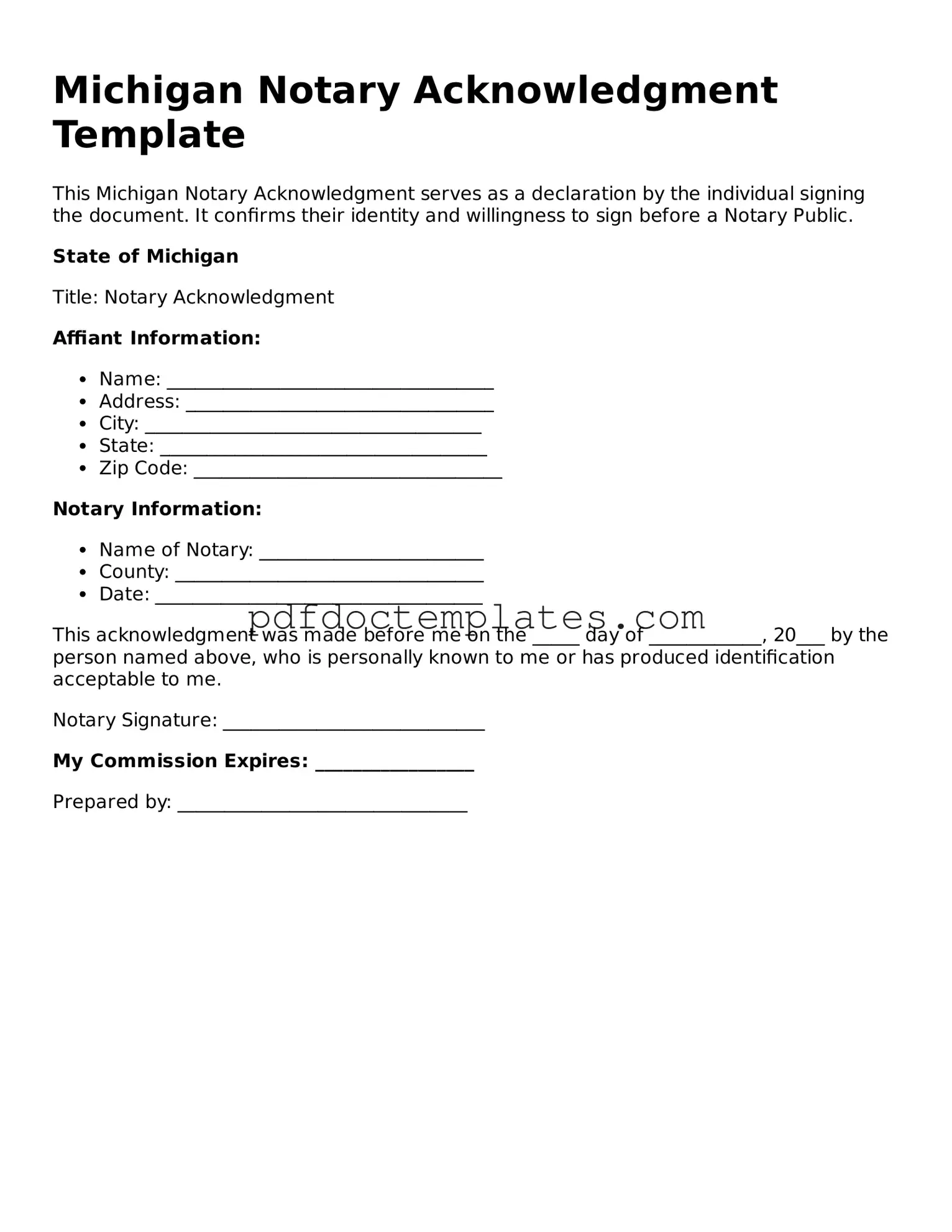 Blank  Notary Acknowledgement Document for Michigan