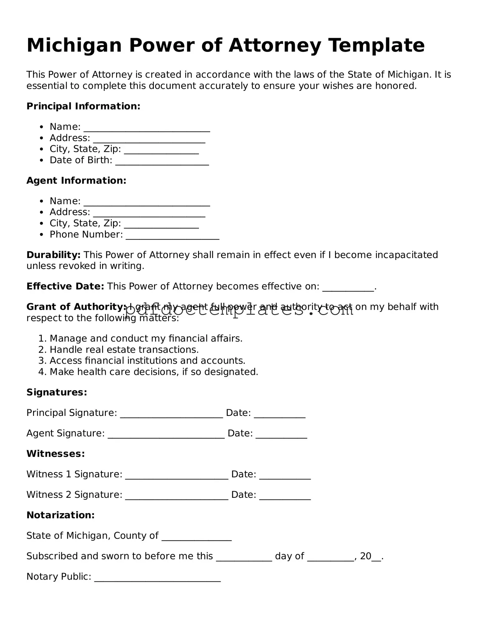 Blank  Power of Attorney Document for Michigan