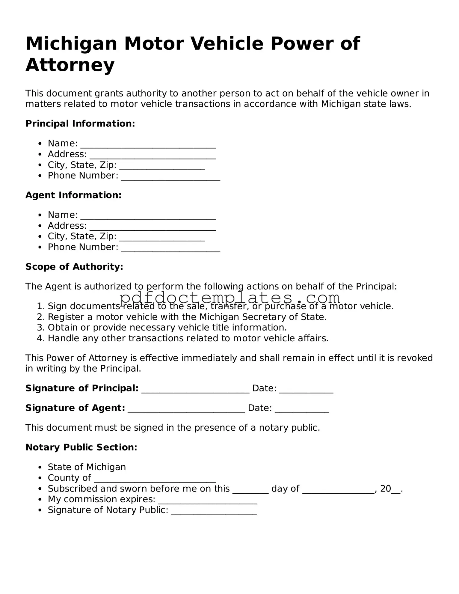 Blank  Motor Vehicle Power of Attorney Document for Michigan
