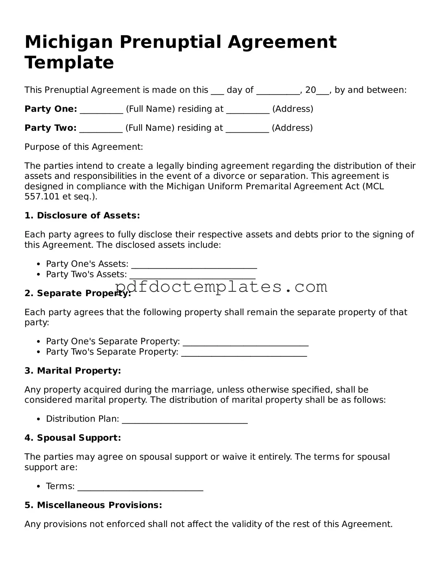 Blank  Prenuptial Agreement Document for Michigan