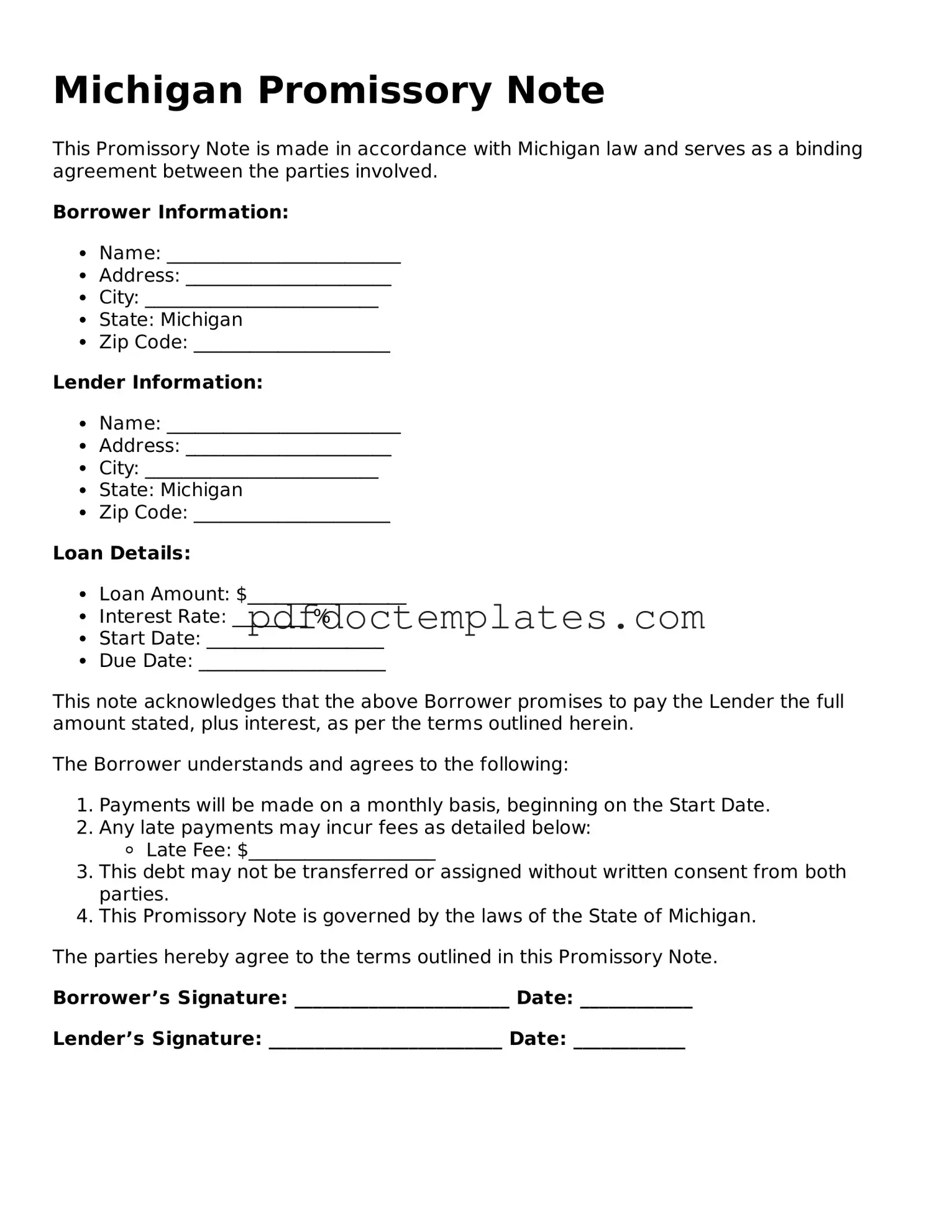 Blank  Promissory Note Document for Michigan
