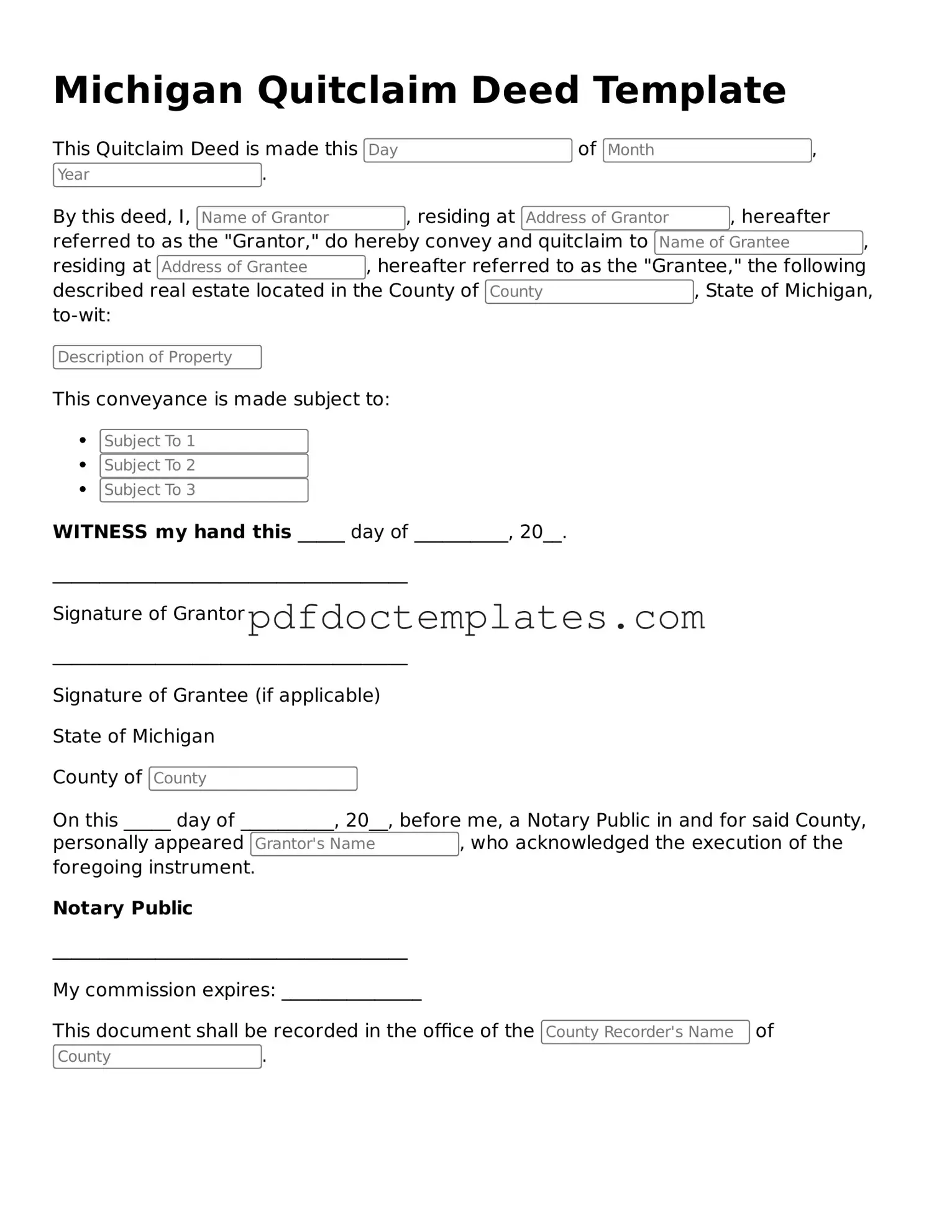 Blank  Quitclaim Deed Document for Michigan