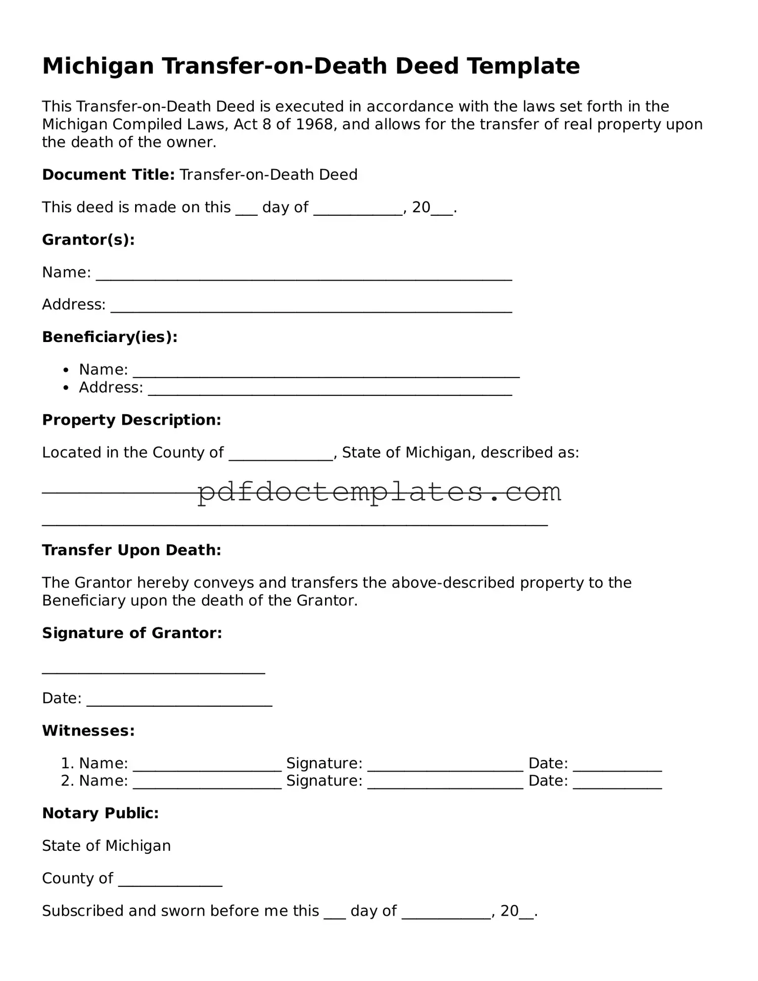 Blank  Transfer-on-Death Deed Document for Michigan