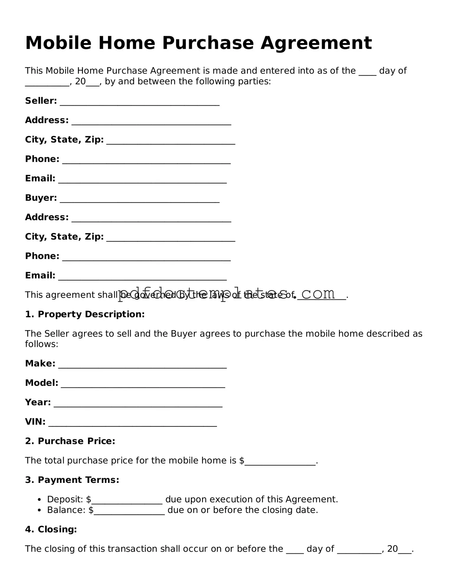 Printable Mobile Home Purchase Agreement Template