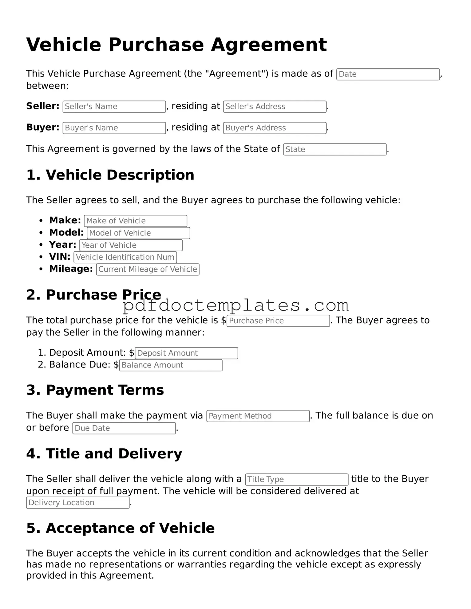Printable Vehicle Purchase Agreement Template