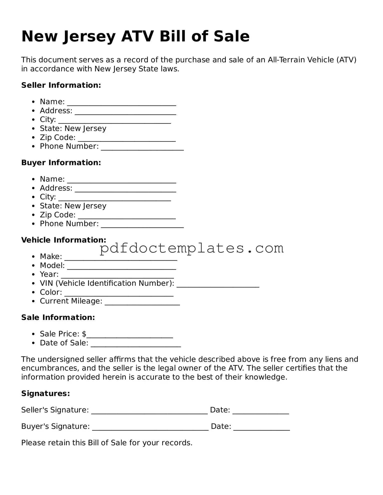 Blank  ATV Bill of Sale Document for New Jersey