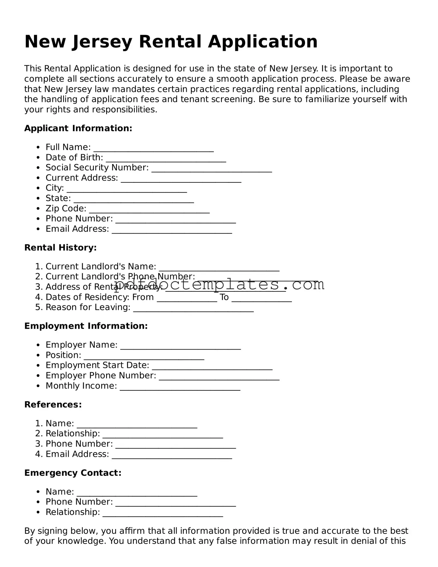 Blank  Rental Application Document for New Jersey