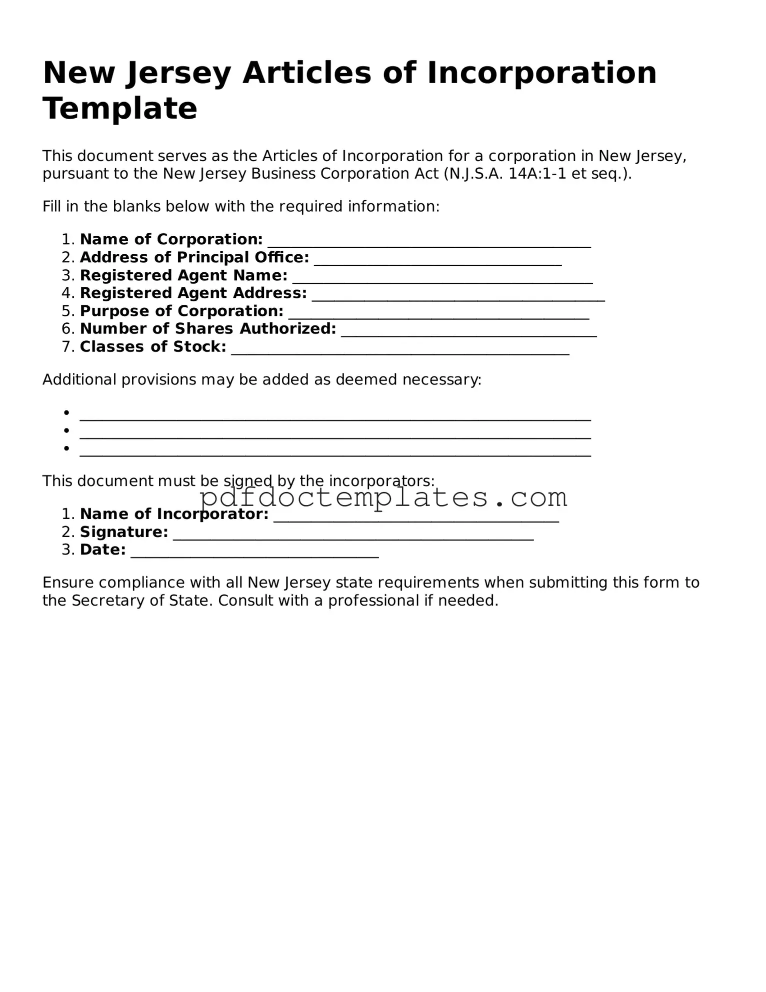 Blank  Articles of Incorporation Document for New Jersey
