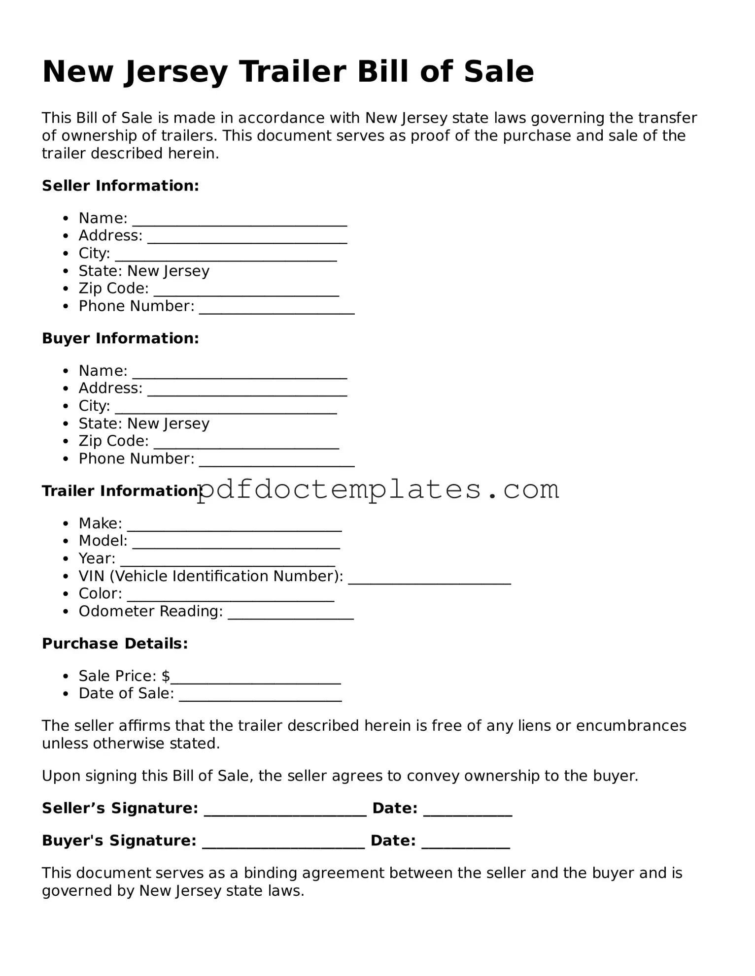 Blank  Trailer Bill of Sale Document for New Jersey