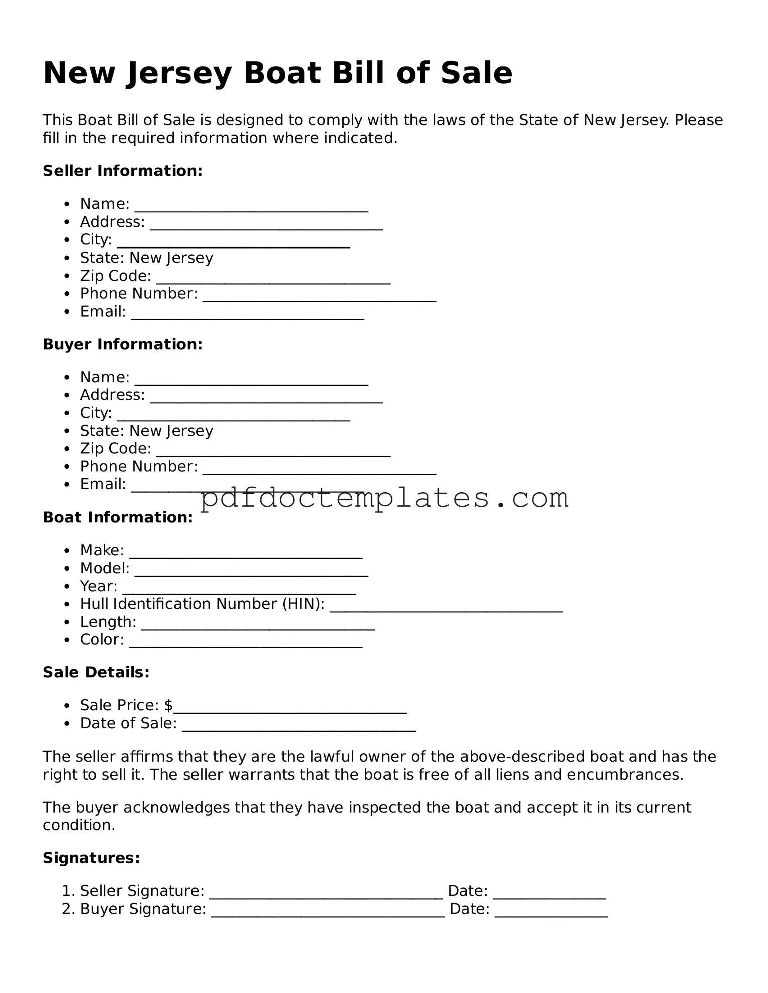 Blank  Boat Bill of Sale Document for New Jersey