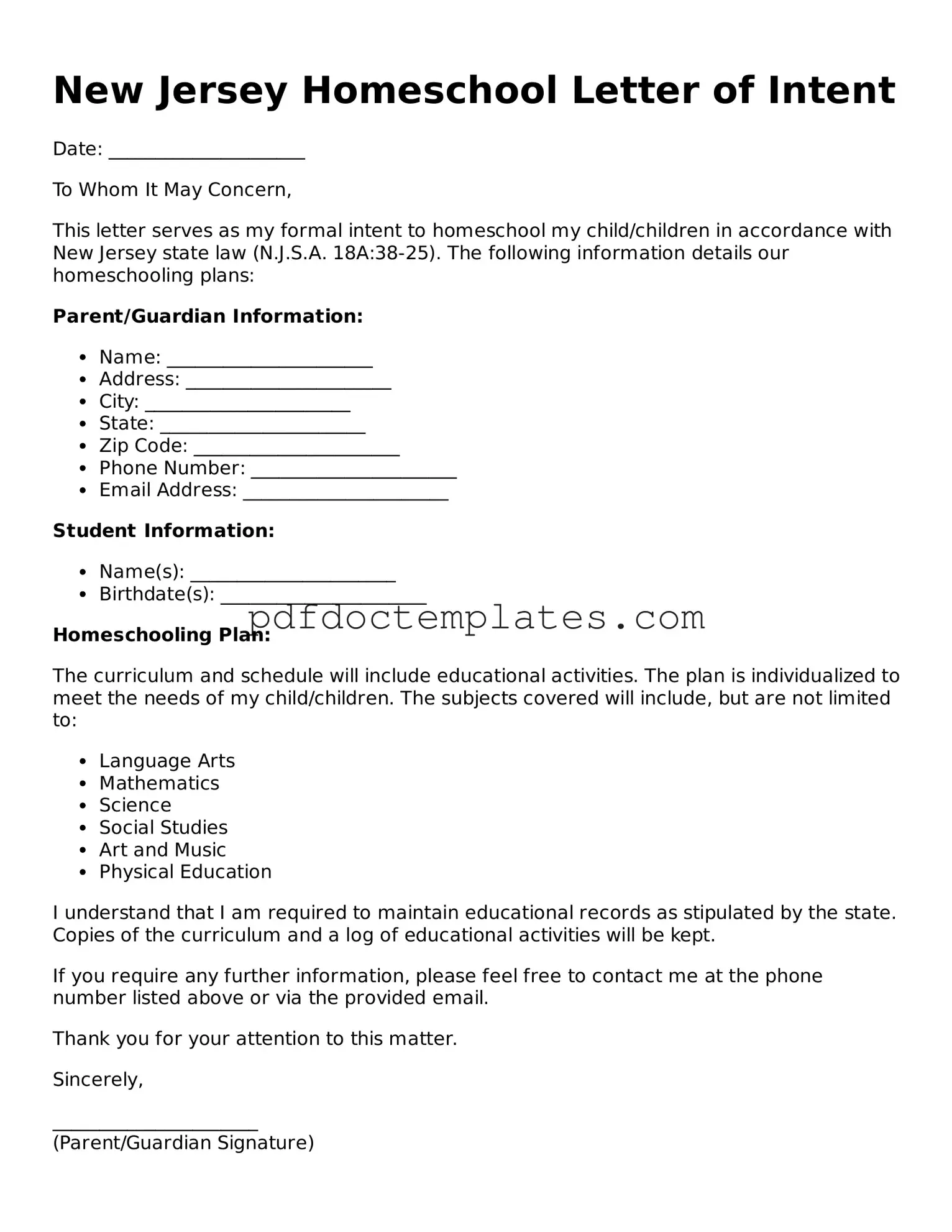 Blank  Homeschool Letter of Intent Document for New Jersey
