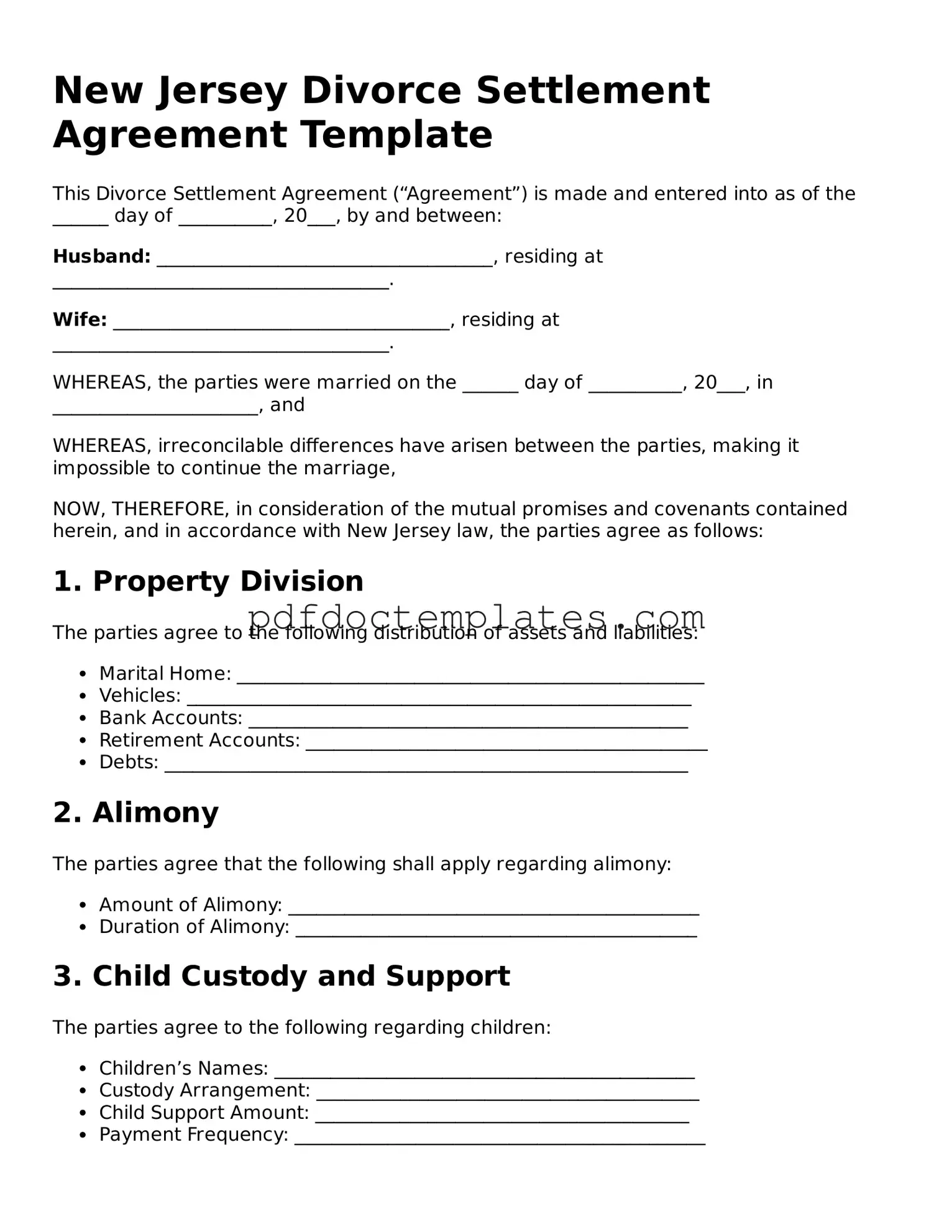 Blank  Divorce Settlement Agreement Document for New Jersey