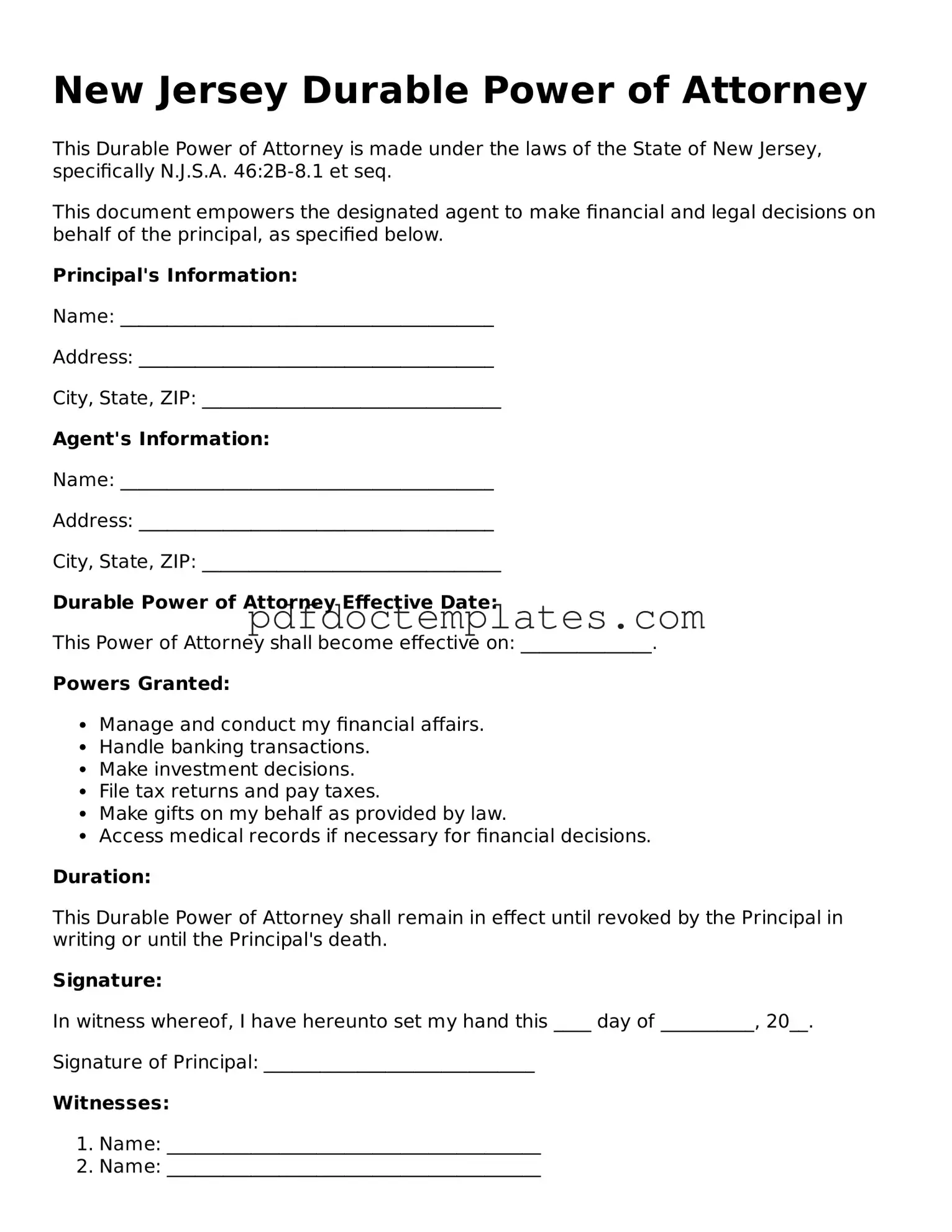 Blank  Durable Power of Attorney Document for New Jersey