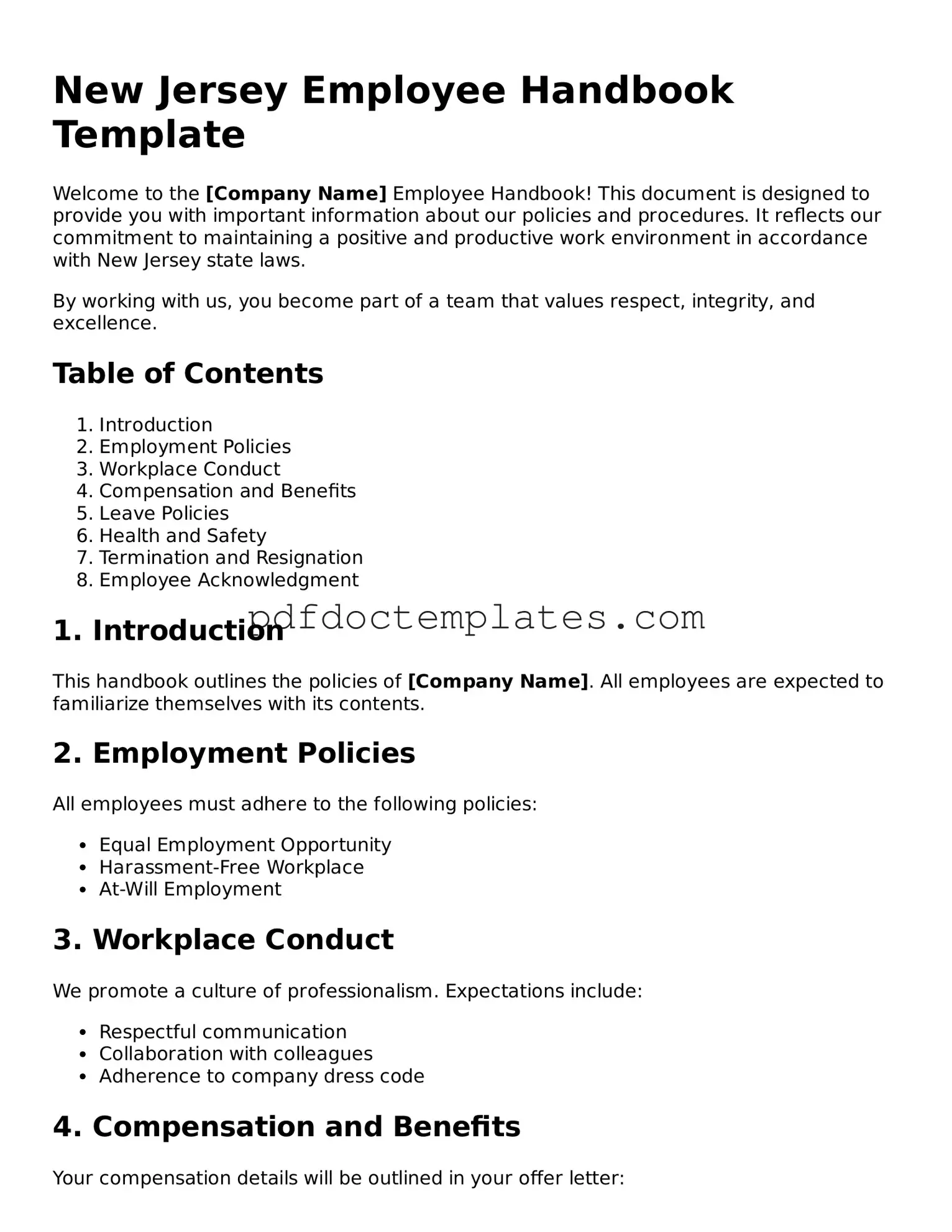 Blank  Employee Handbook Document for New Jersey