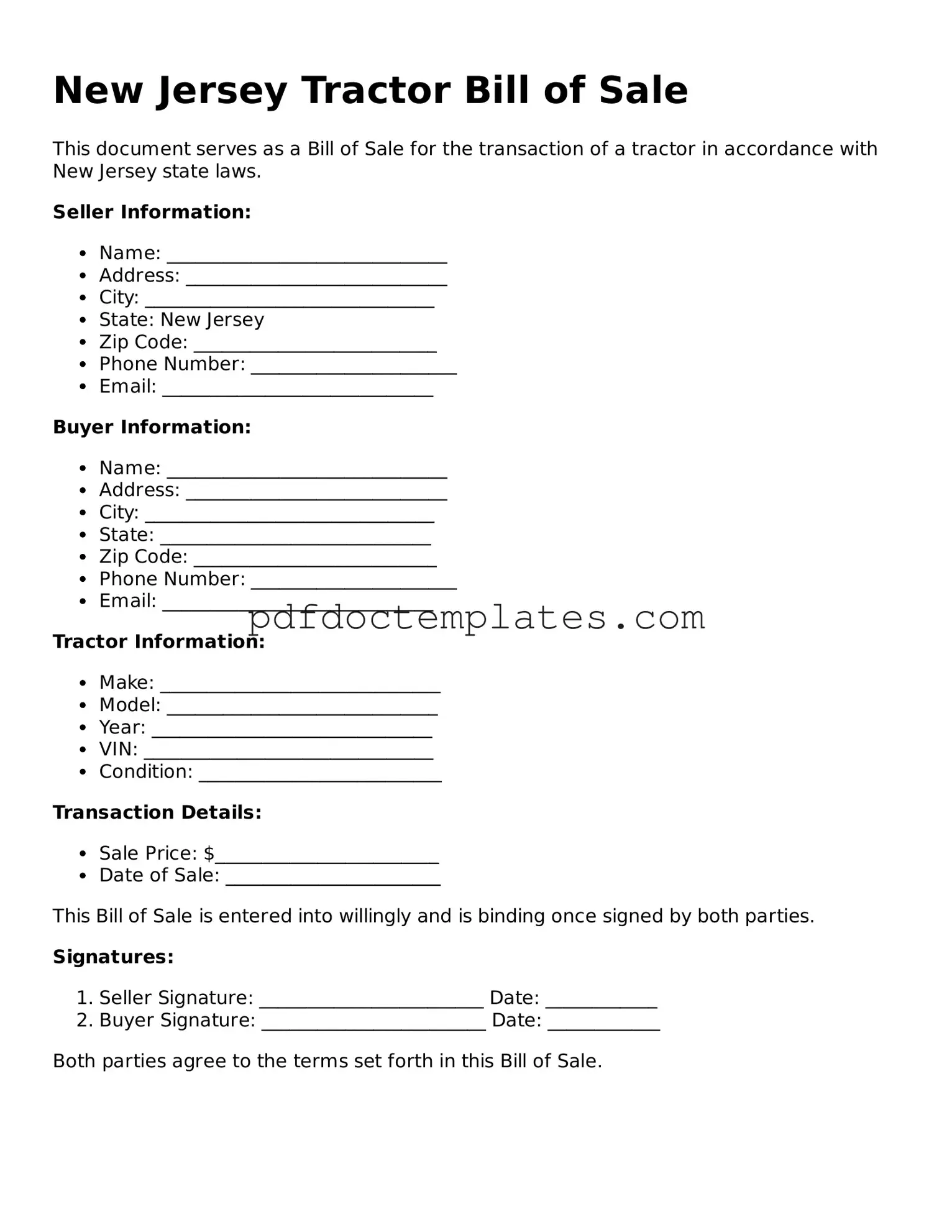 Blank  Tractor Bill of Sale Document for New Jersey