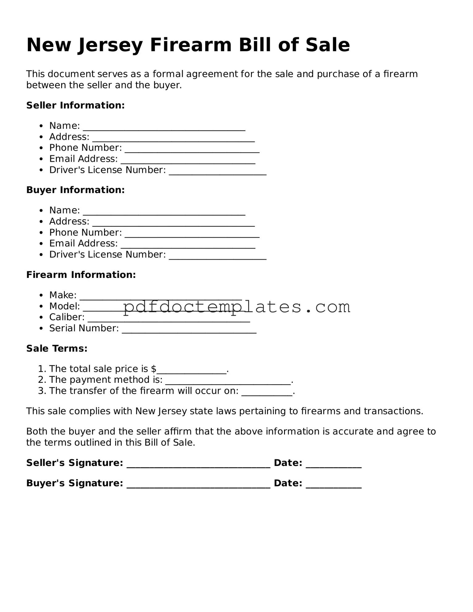 Blank  Firearm Bill of Sale Document for New Jersey