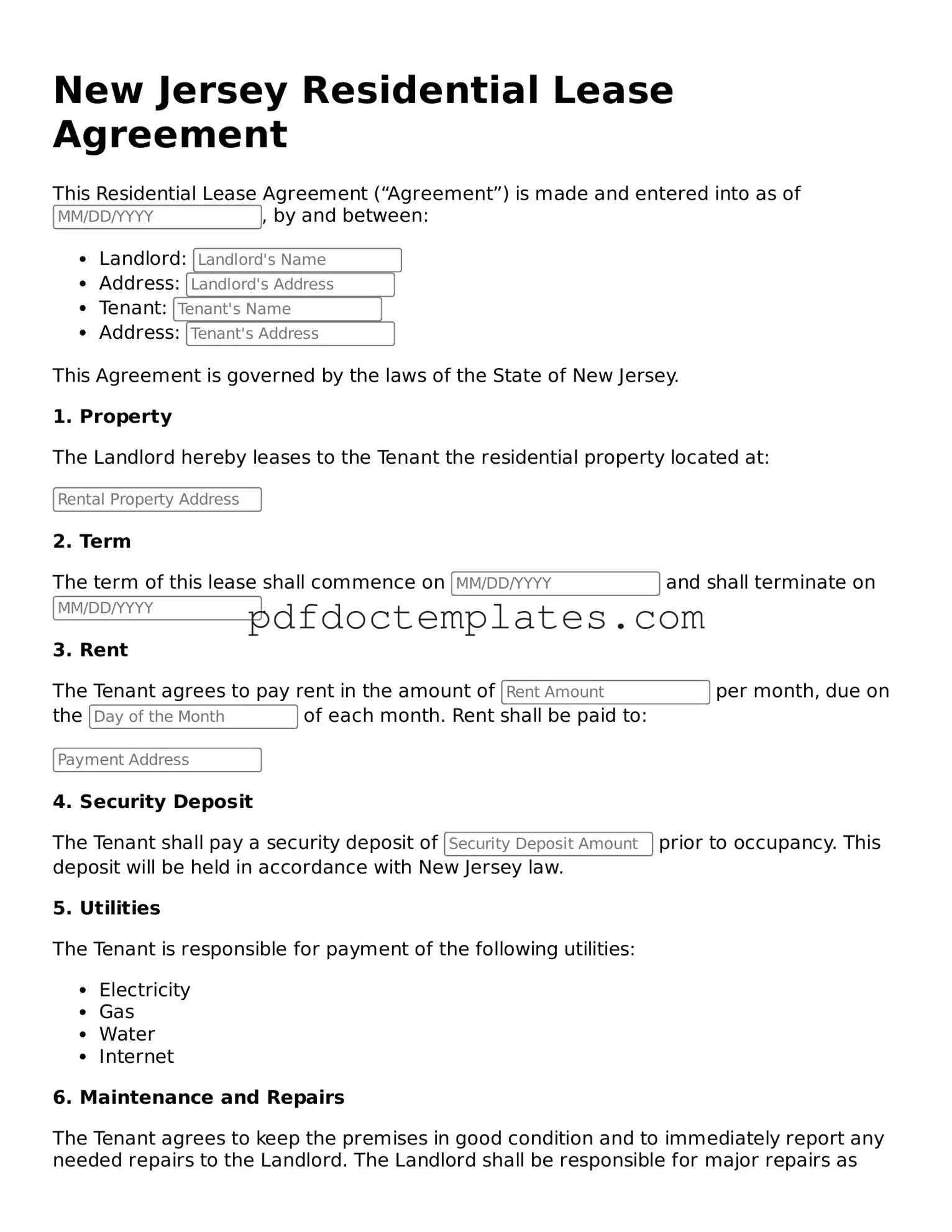 Blank Residential Lease Agreement Document for New Jersey