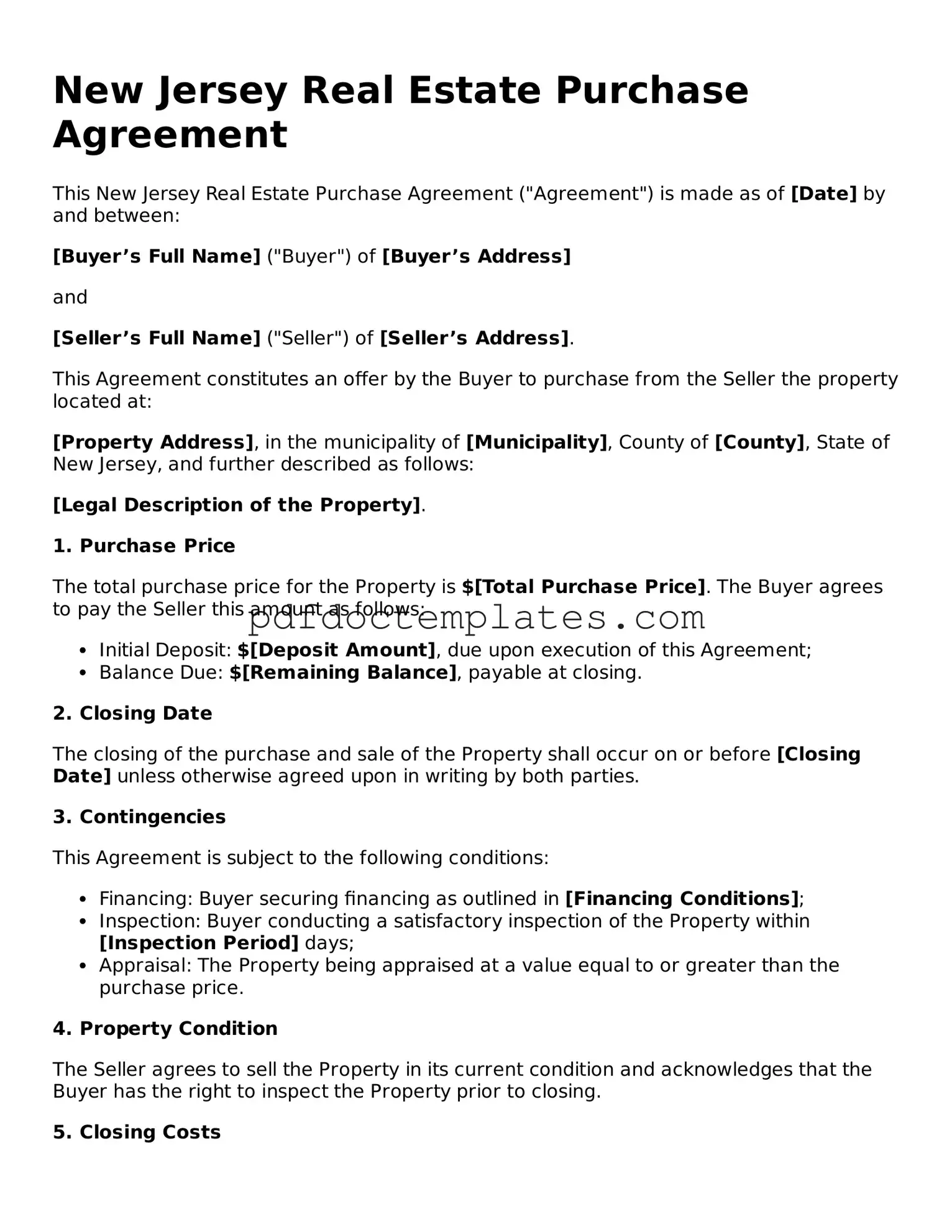 Blank  Real Estate Purchase Agreement Document for New Jersey