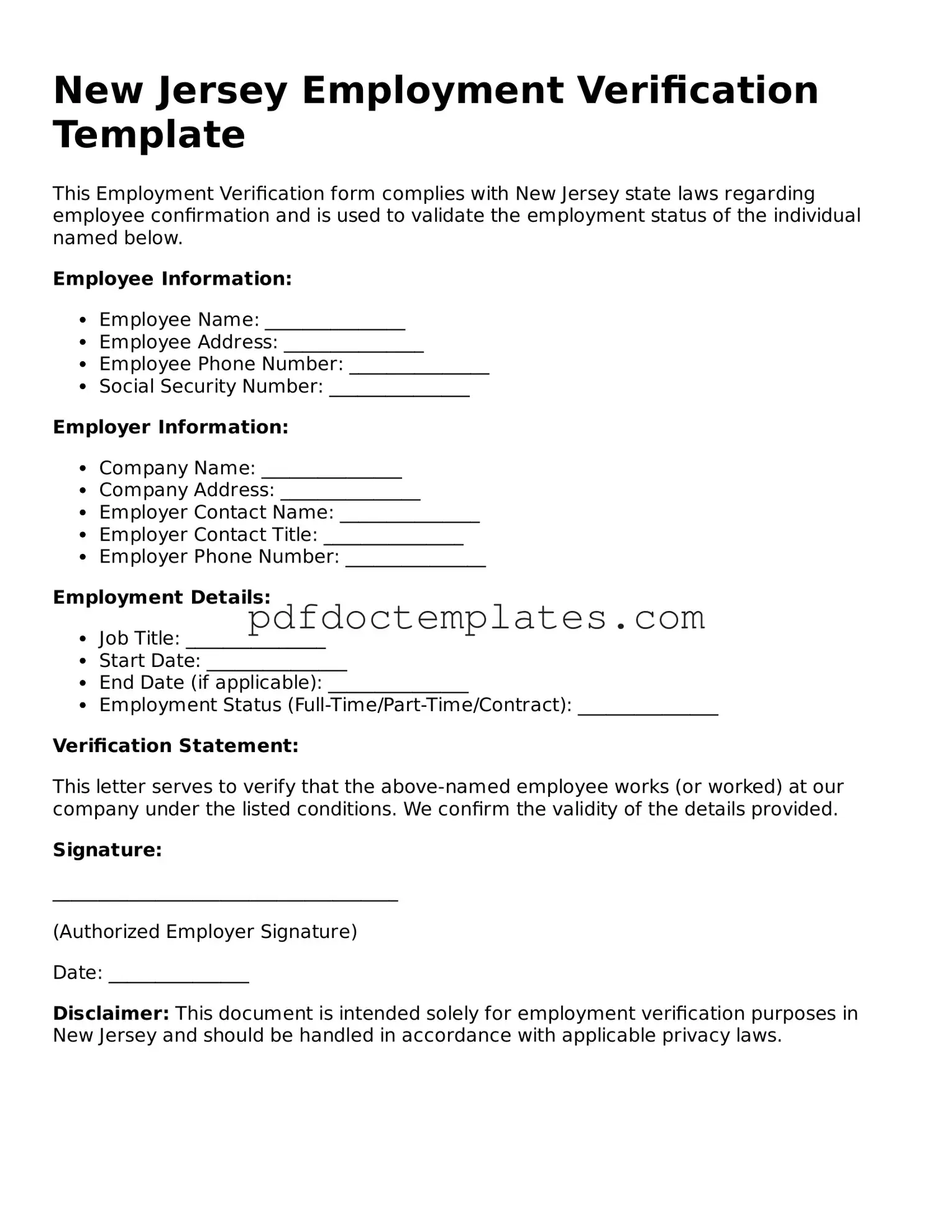 Blank  Employment Verification Document for New Jersey