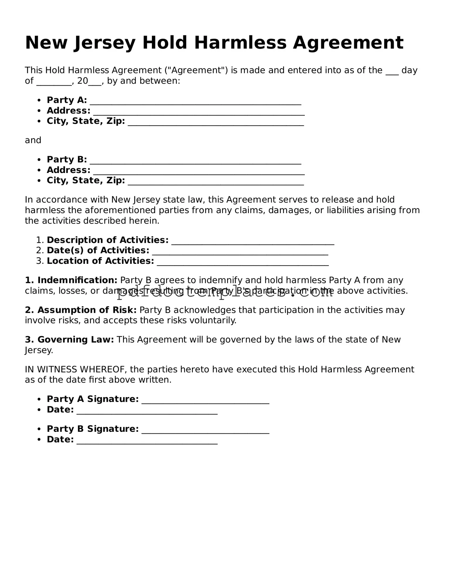 Blank  Hold Harmless Agreement Document for New Jersey