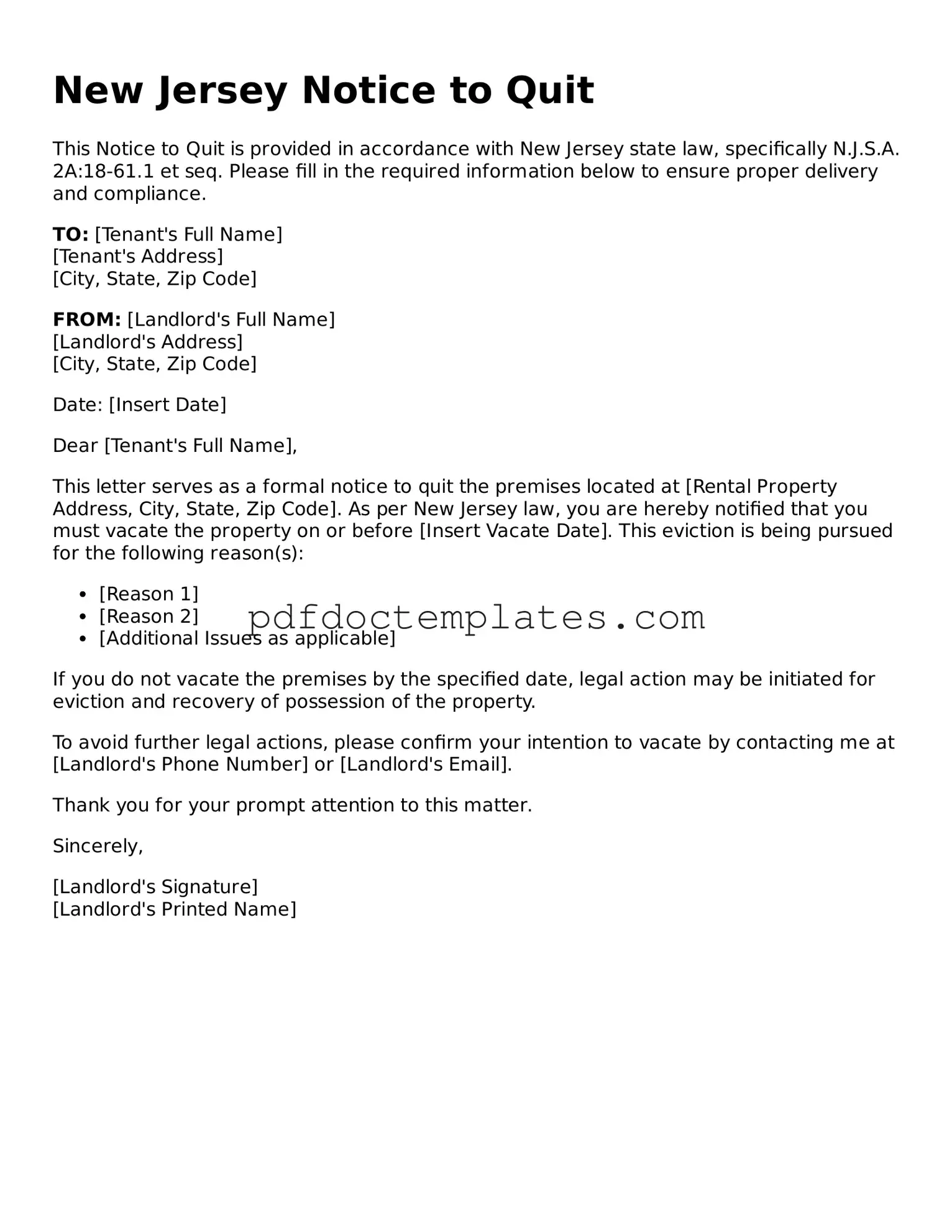 Blank  Notice to Quit Document for New Jersey