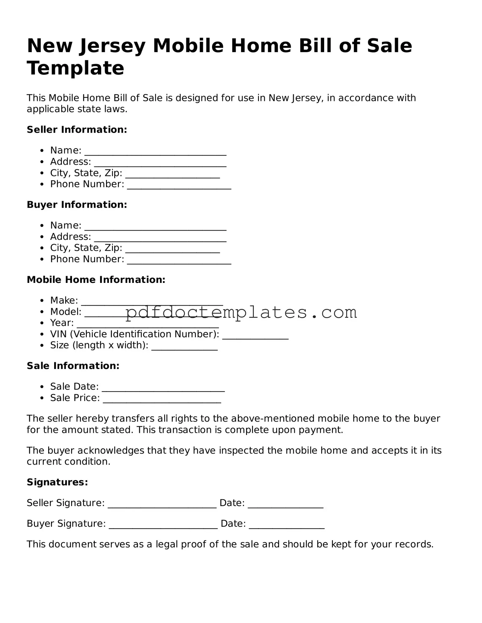Blank  Mobile Home Bill of Sale Document for New Jersey