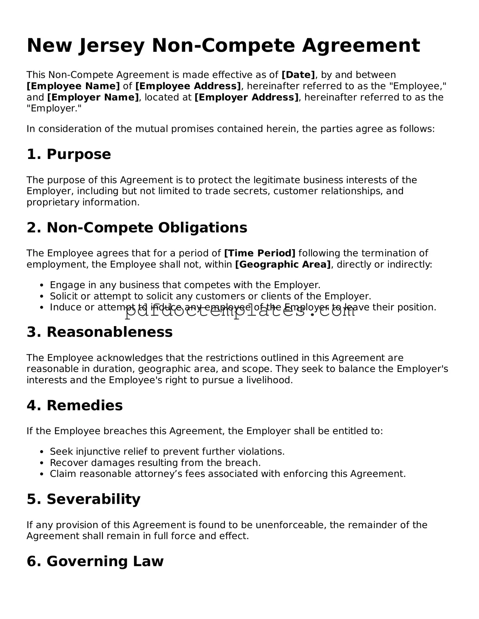 Blank  Non-compete Agreement Document for New Jersey