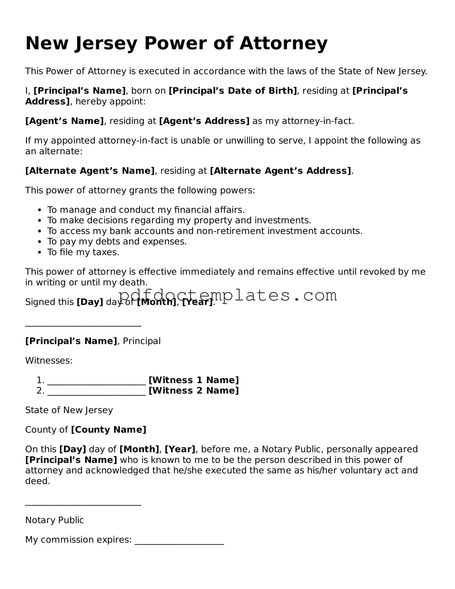 Blank  Power of Attorney Document for New Jersey