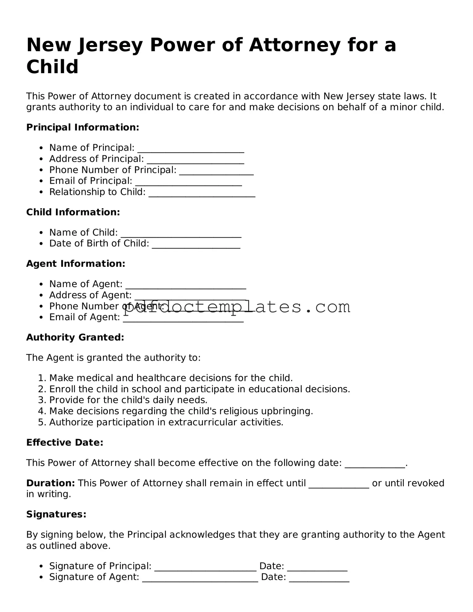 Blank  Power of Attorney for a Child Document for New Jersey