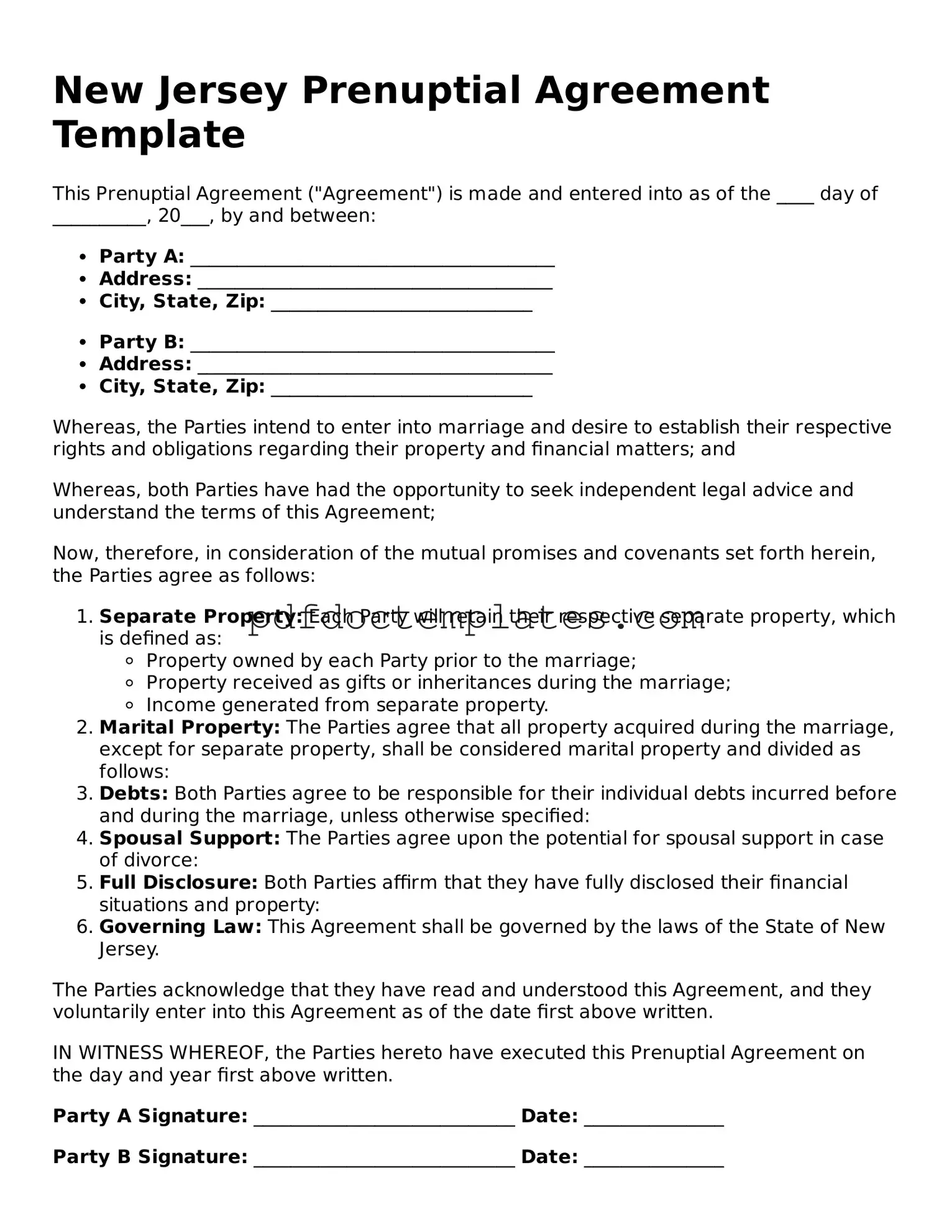 Blank  Prenuptial Agreement Document for New Jersey