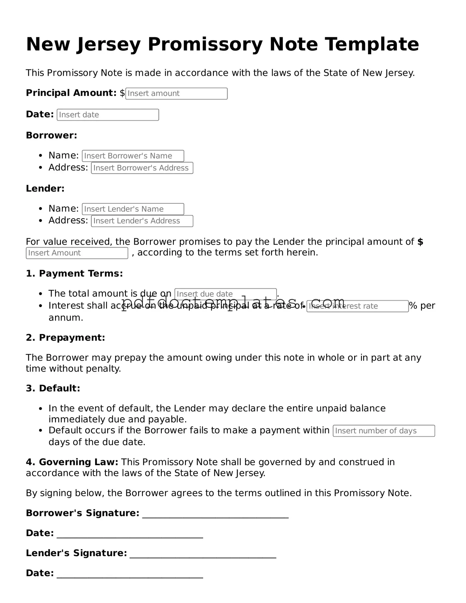 Blank Promissory Note Document for New Jersey