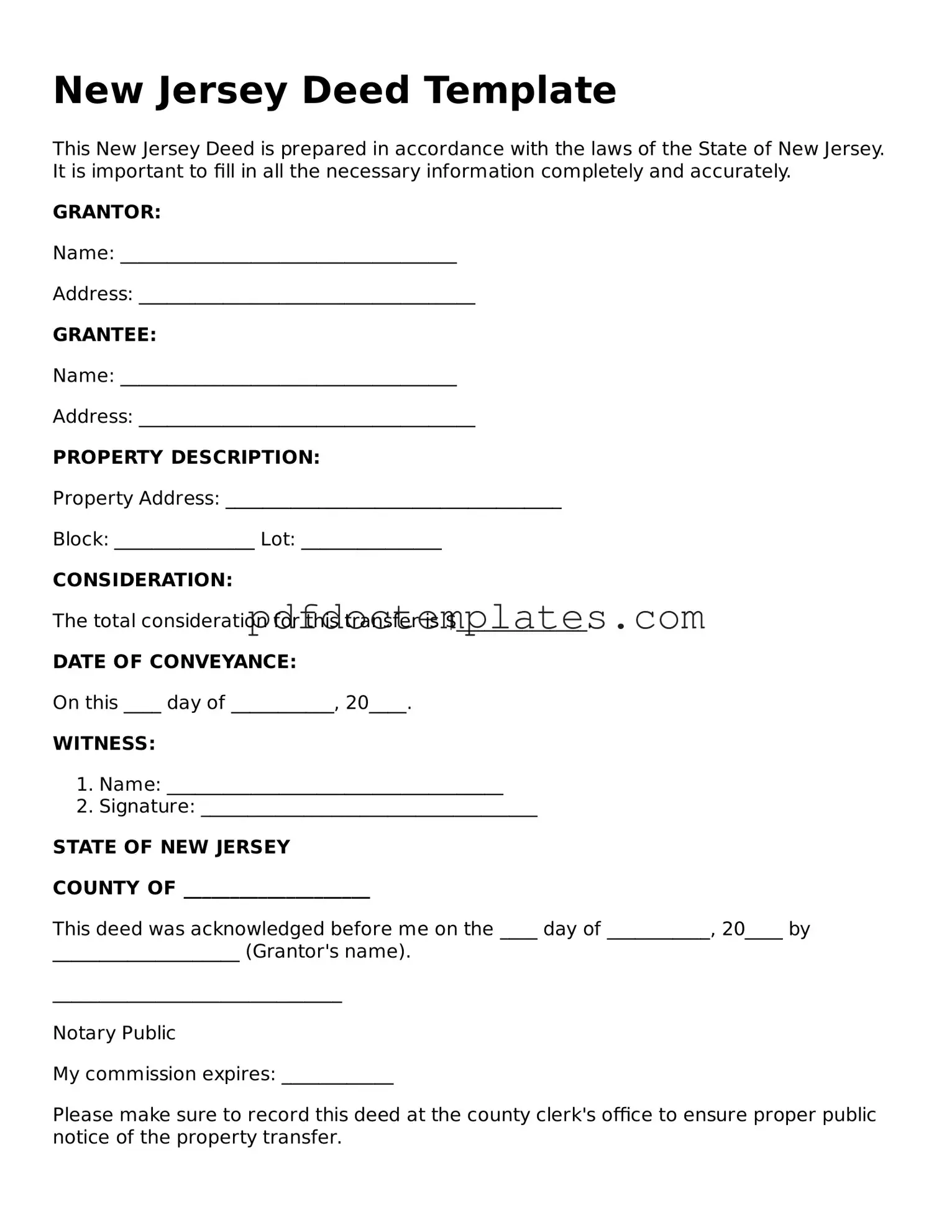 Blank  Deed Document for New Jersey