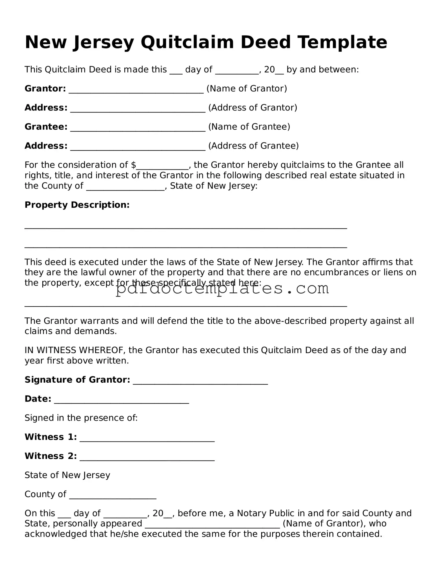 Blank  Quitclaim Deed Document for New Jersey