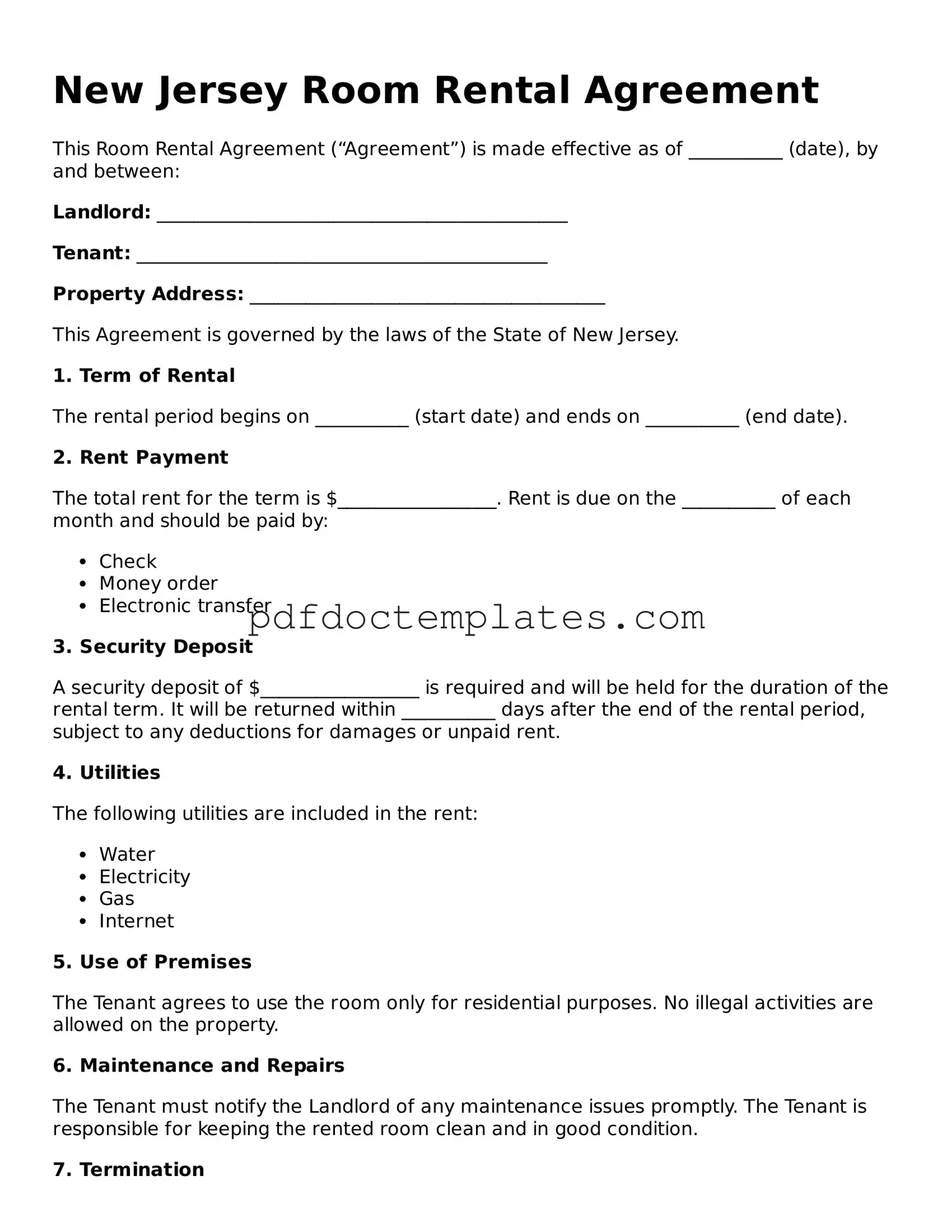 Blank  Room Rental Agreement Document for New Jersey